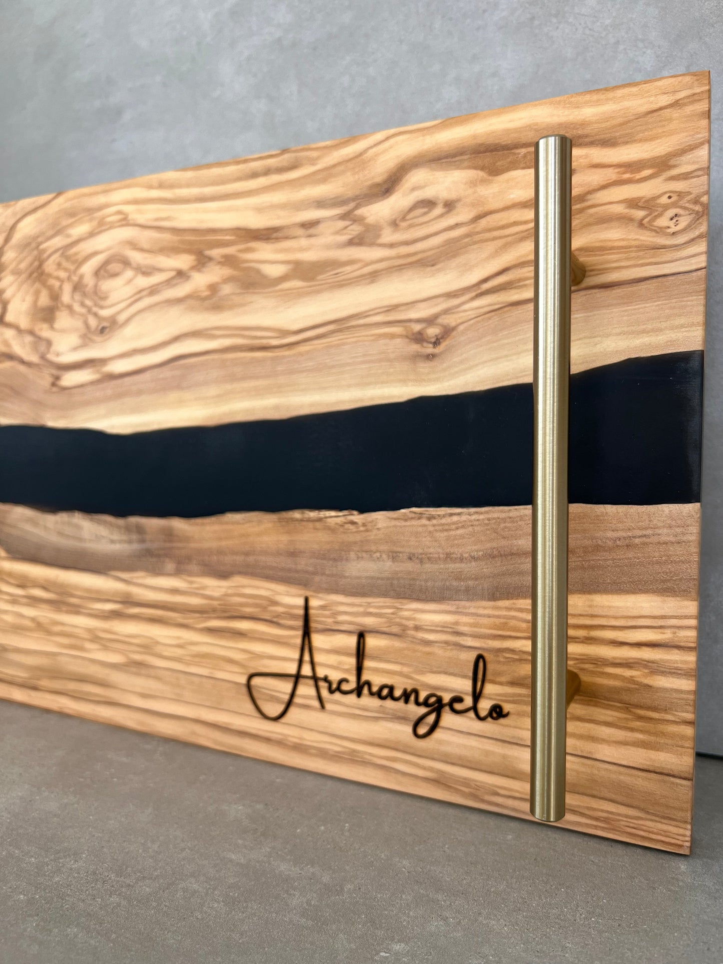 Personalized Resin River Charcuterie Tray – Olive Wood and Black Epoxy