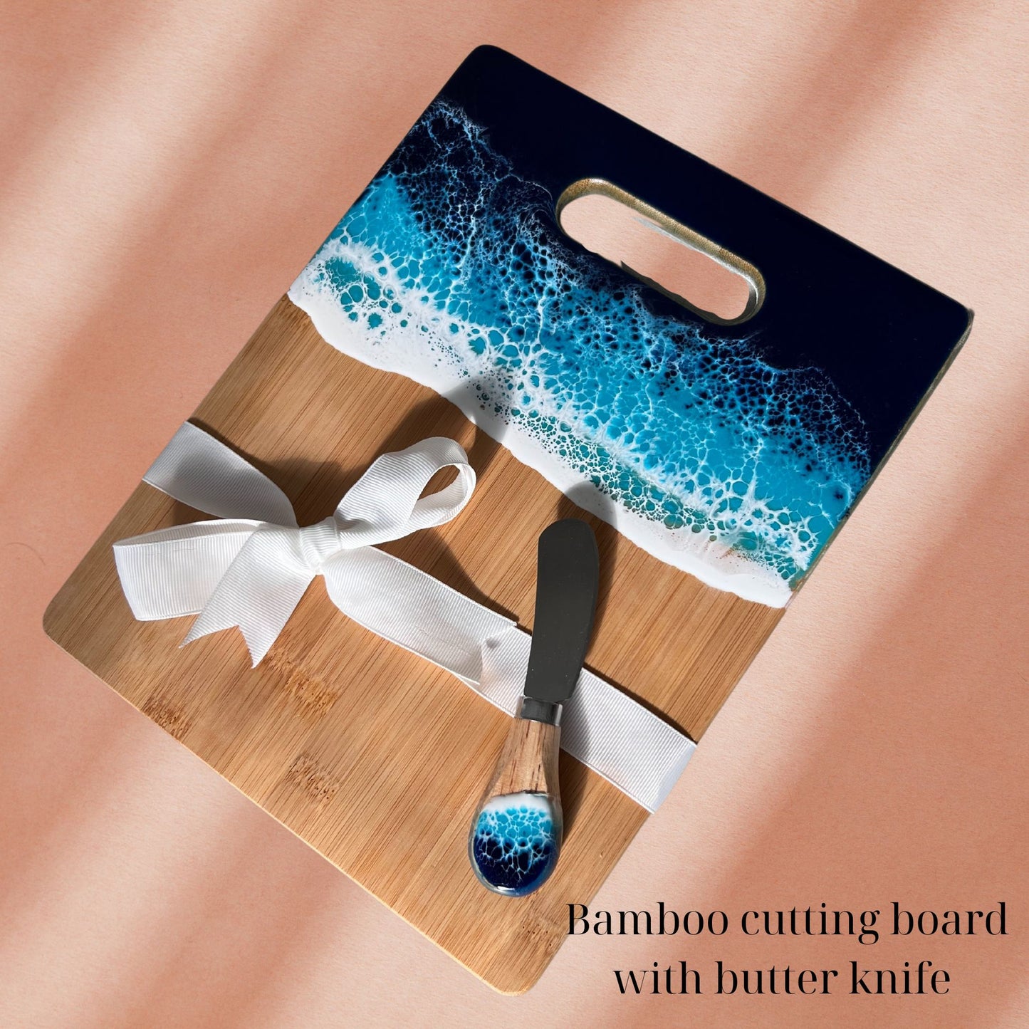 Bamboo Cheese and Charcuterie Board with Resin Ocean Wave Art Gift Set with Cheese Knives