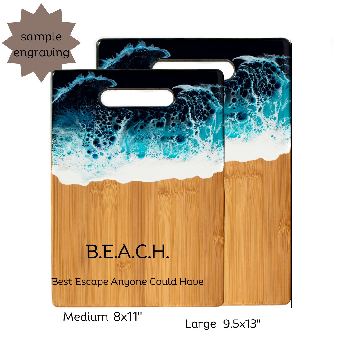 Bamboo Cheese and Charcuterie Board with Resin Ocean Wave Art Gift Set with Cheese Knives