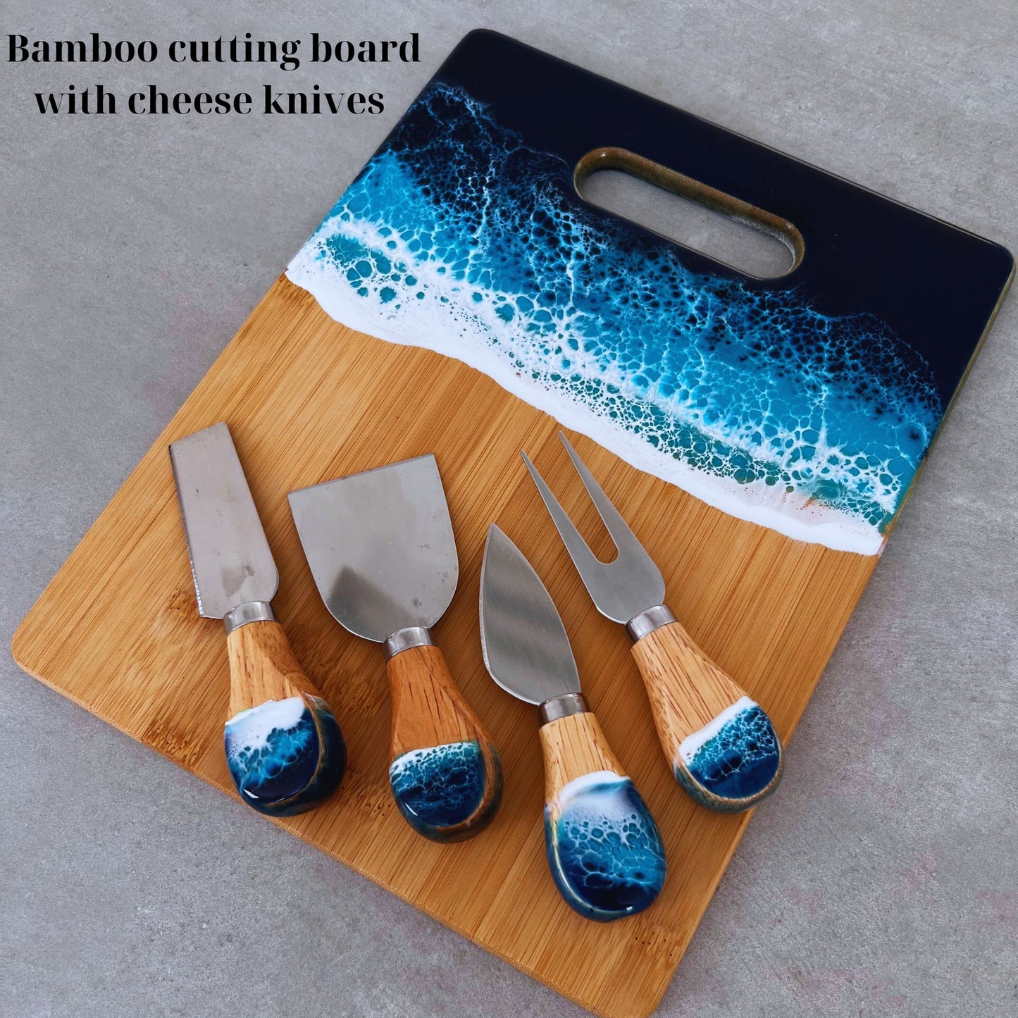 Bamboo Cheese and Charcuterie  Board with Resin Ocean Wave Art Gift Set  with Cheese Knives