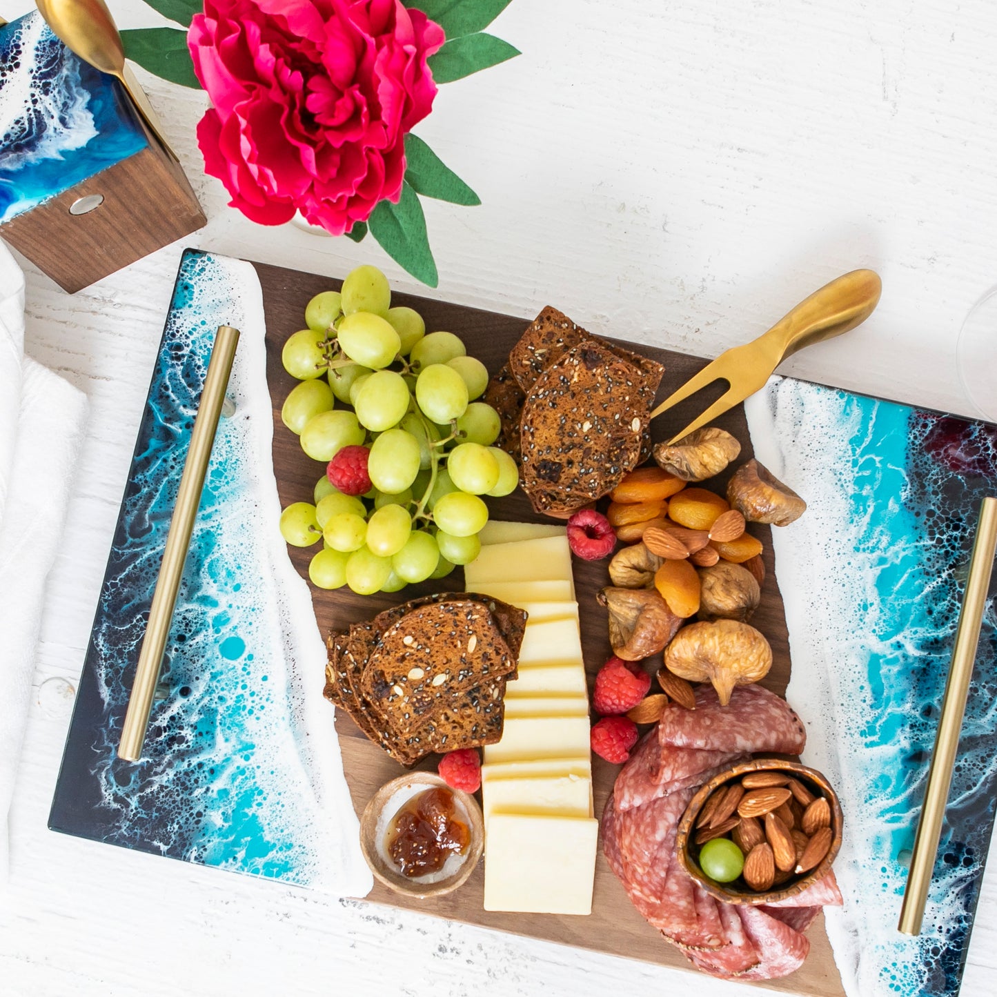 Ocean Resin Serving Tray, Charcuterie Board with Handles Walnut