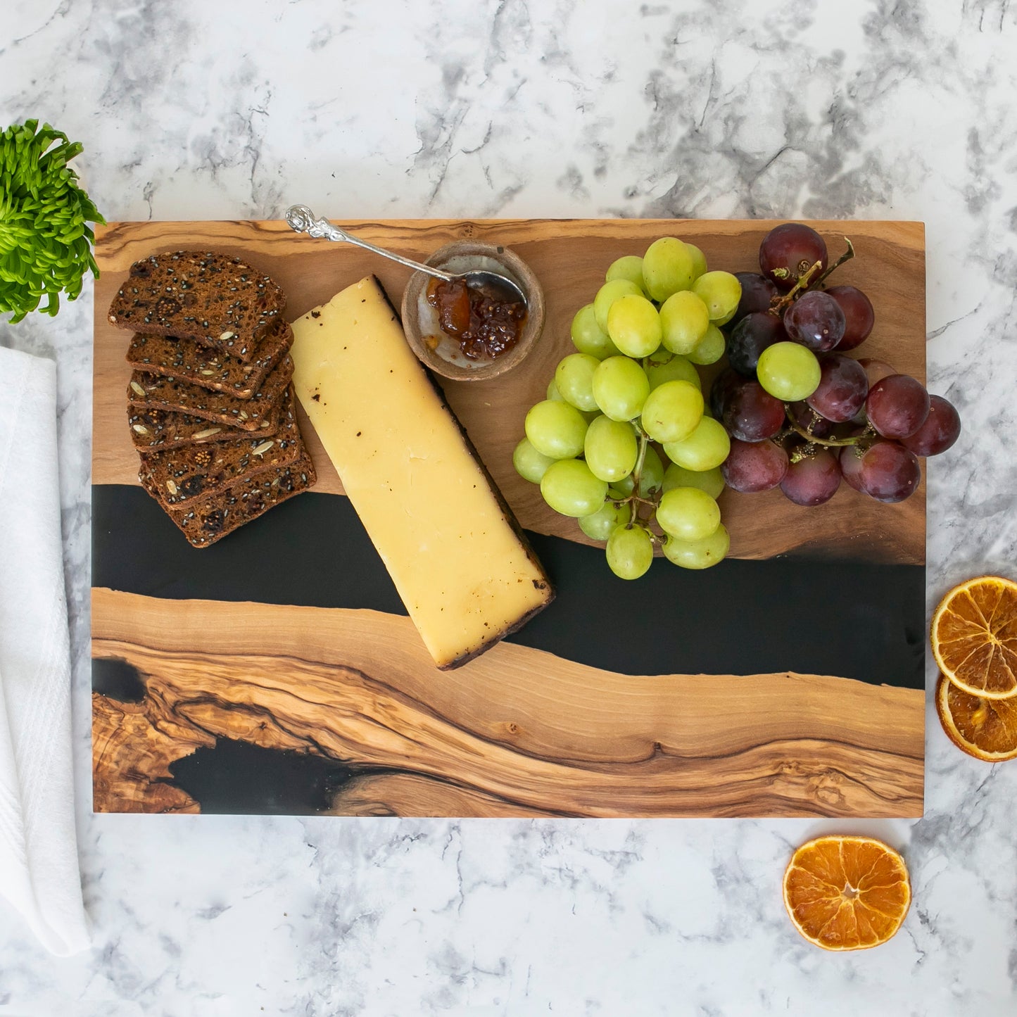 River Board For Charcuterie and Cheese, Olive Wood River Board with Black Resin