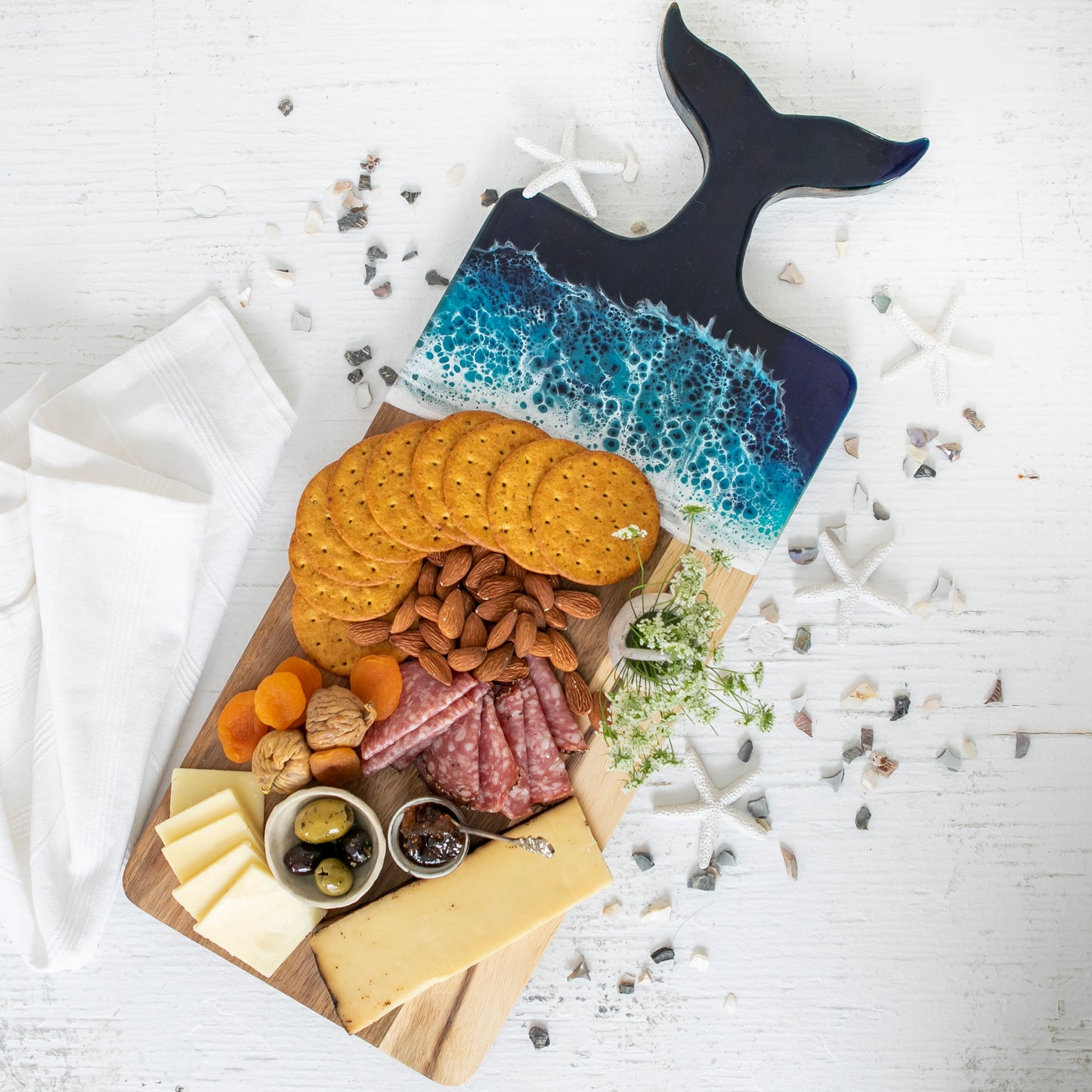 Whale Tail Charcuterie Board with Knife , Complete Cheese Board Set with Ocean Wave Resin