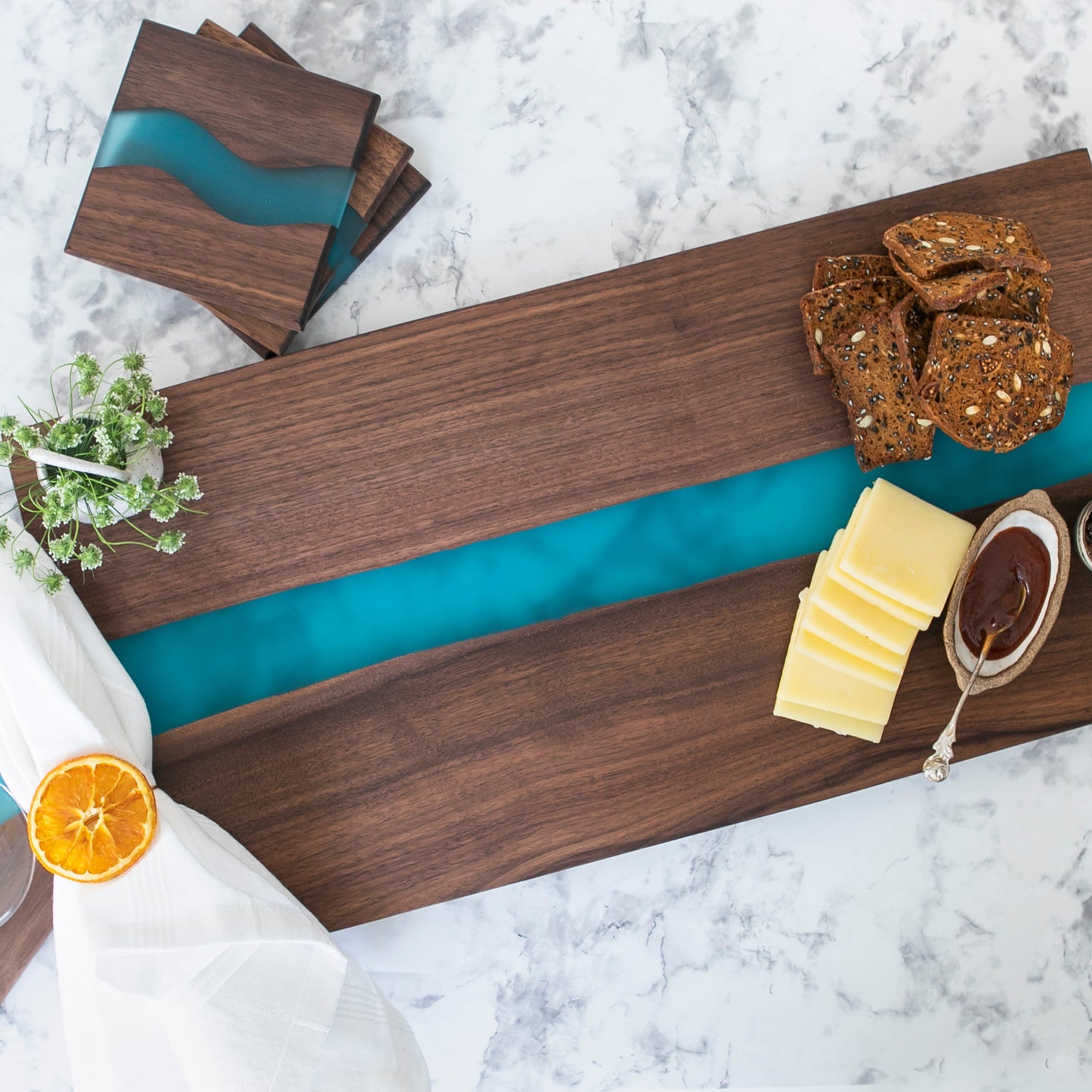 River Board with Blue Resin, Walnut Wood / Blue