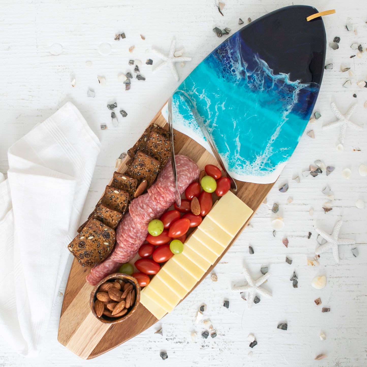 Surfboard Cutting Board and Cheese Knife Set with Resin Ocean Wave
