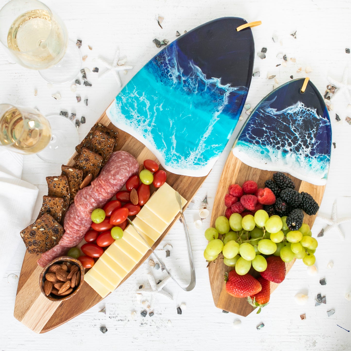 Surfboard Cutting Board and Cheese Knife Set with Resin Ocean Wave