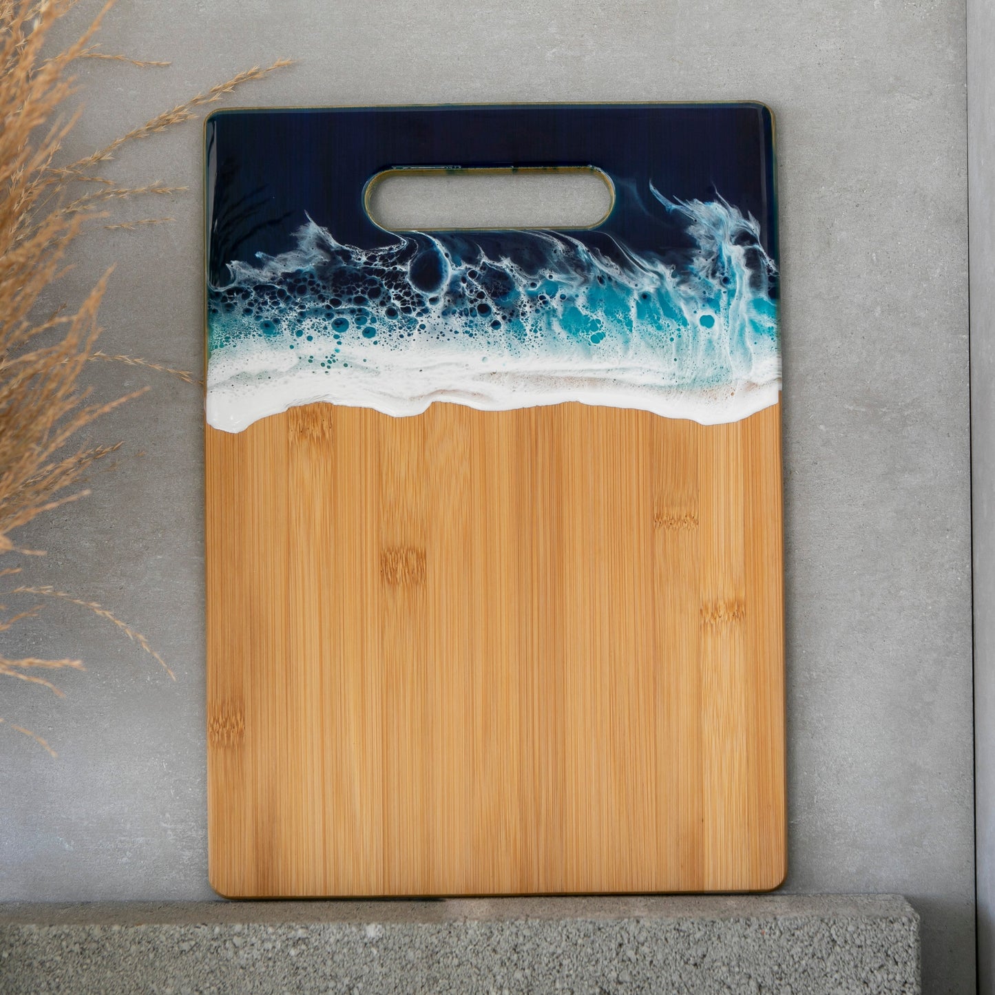 Bamboo Cheese and Charcuterie  Board with Resin Ocean Wave Art Gift Set  with Cheese Knives