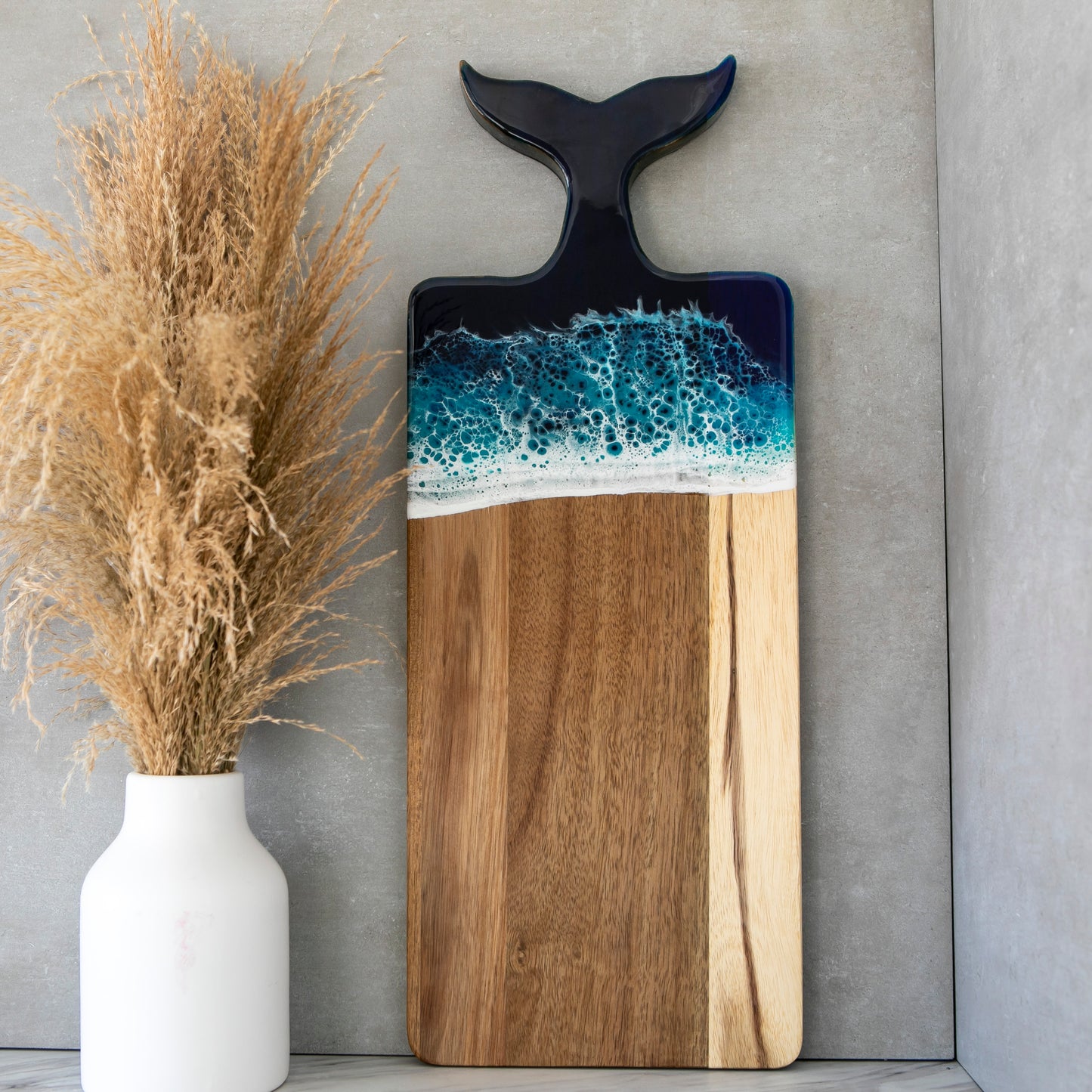 Whale Tail Charcuterie Board with Knife , Complete Cheese Board Set with Ocean Wave Resin
