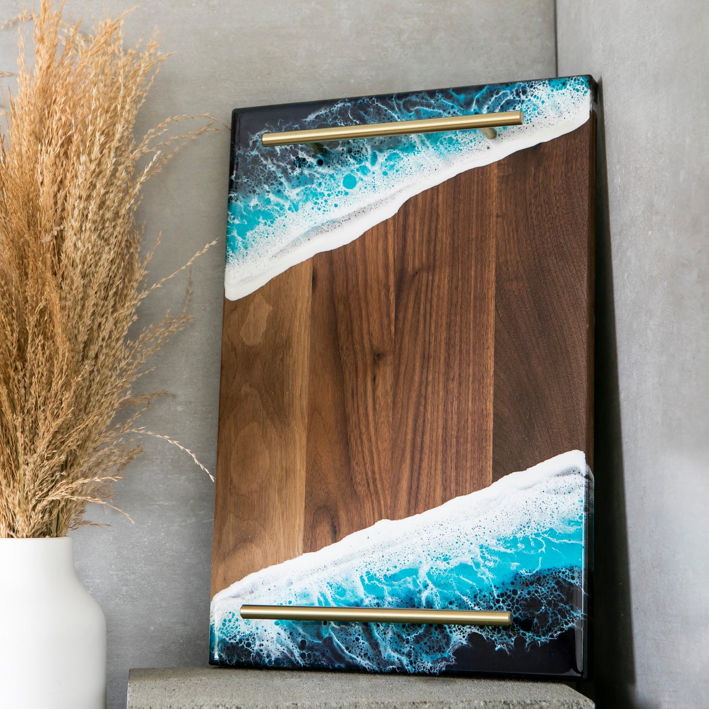 Ocean Resin Serving Tray, Charcuterie Board with Handles Walnut