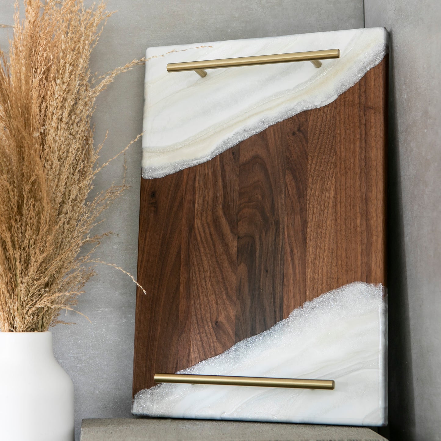 Walnut Pearl Resin Serving and Charcuterie Board Tray With Handles Personalized Cheese Board Wedding Gift