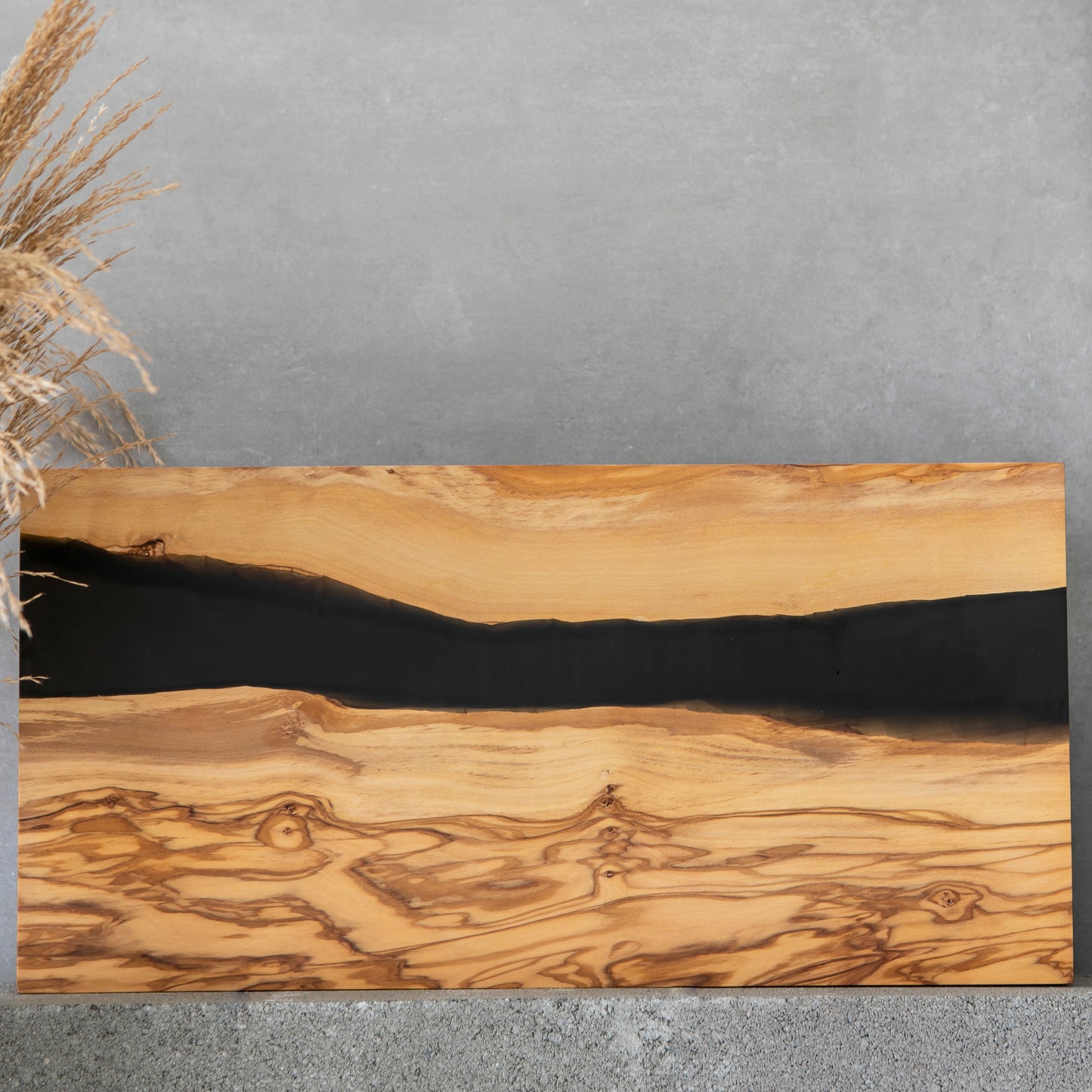 River Board For Charcuterie and Cheese, Olive Wood River Board with Black Resin