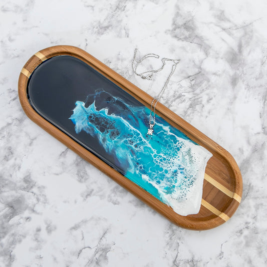 Resin Jewelry Tray with Ocean Wave Art, Unique Trinket and Vanity Tray, Resin Ring Dish