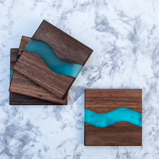 Resin River Coasters – Handmade Wood and Epoxy Coaster Set-Blue