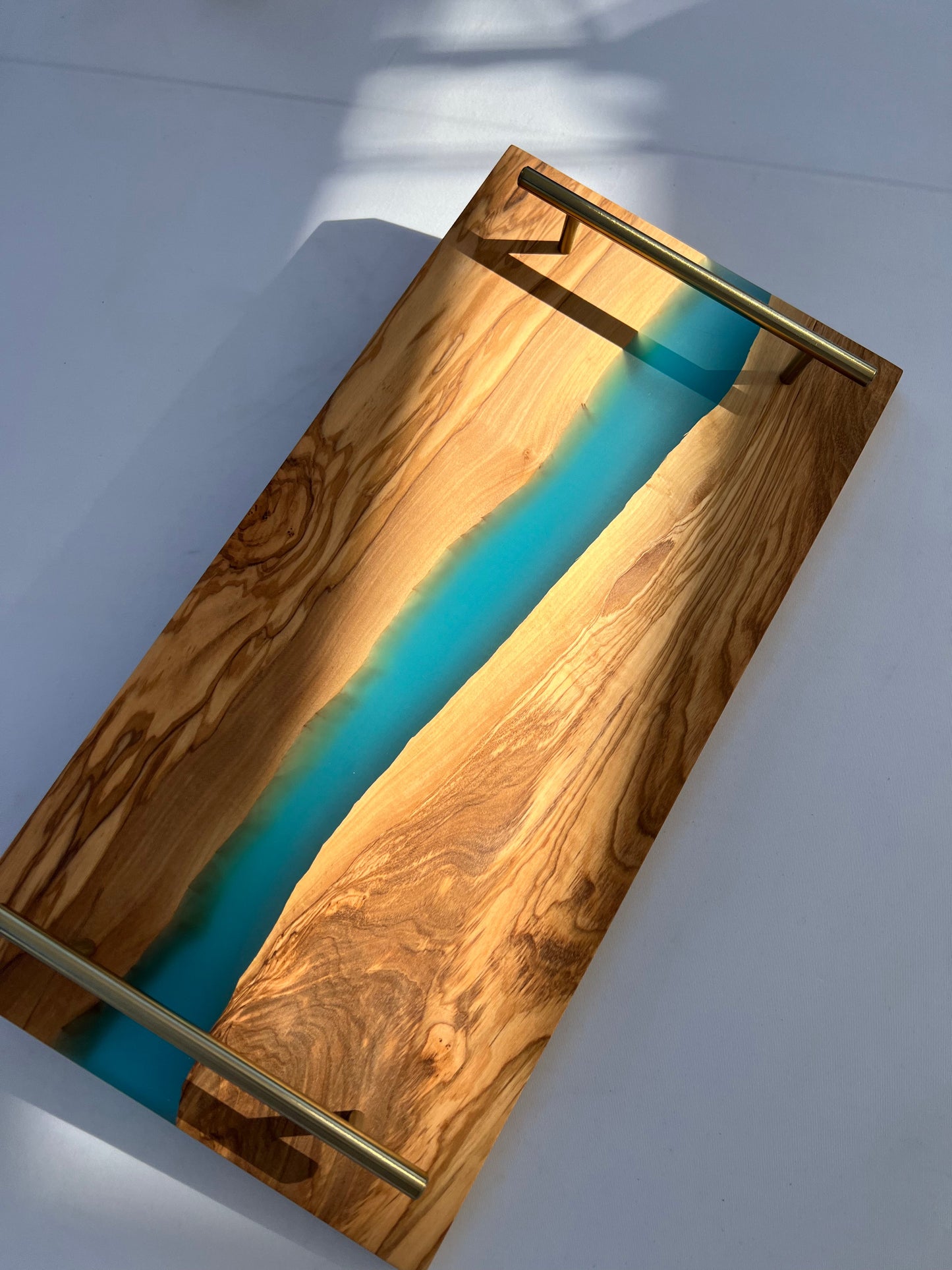 Personalized River Resin Charcuterie Tray – Olive Wood and Blue Epoxy