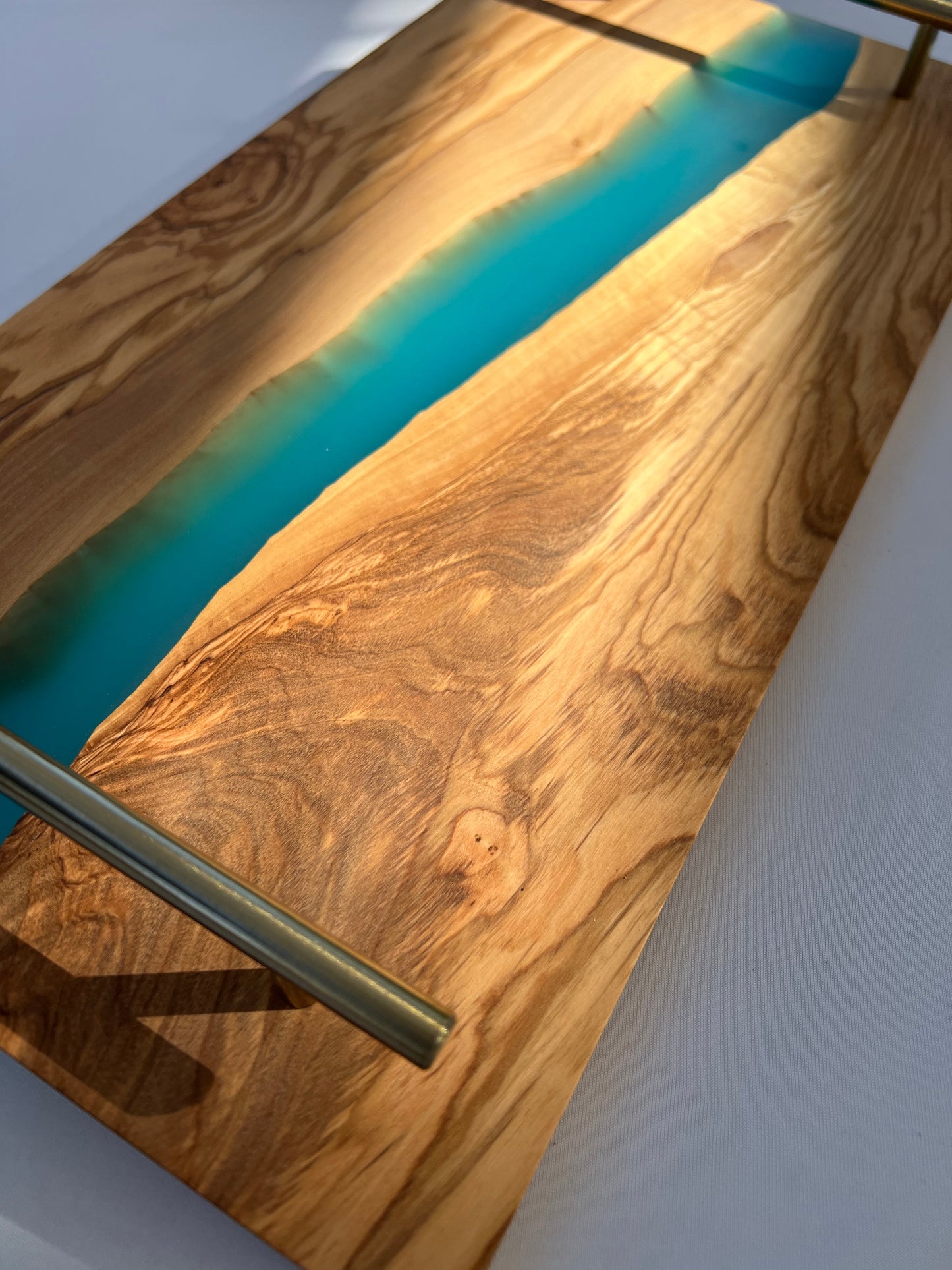 Personalized River Resin Charcuterie Tray – Olive Wood and Blue Epoxy