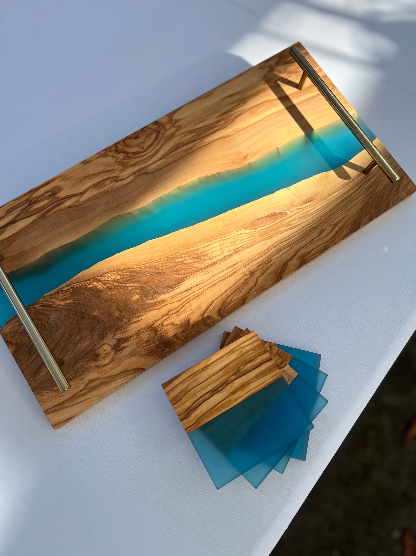 Personalized River Resin Charcuterie Tray – Olive Wood and Blue Epoxy