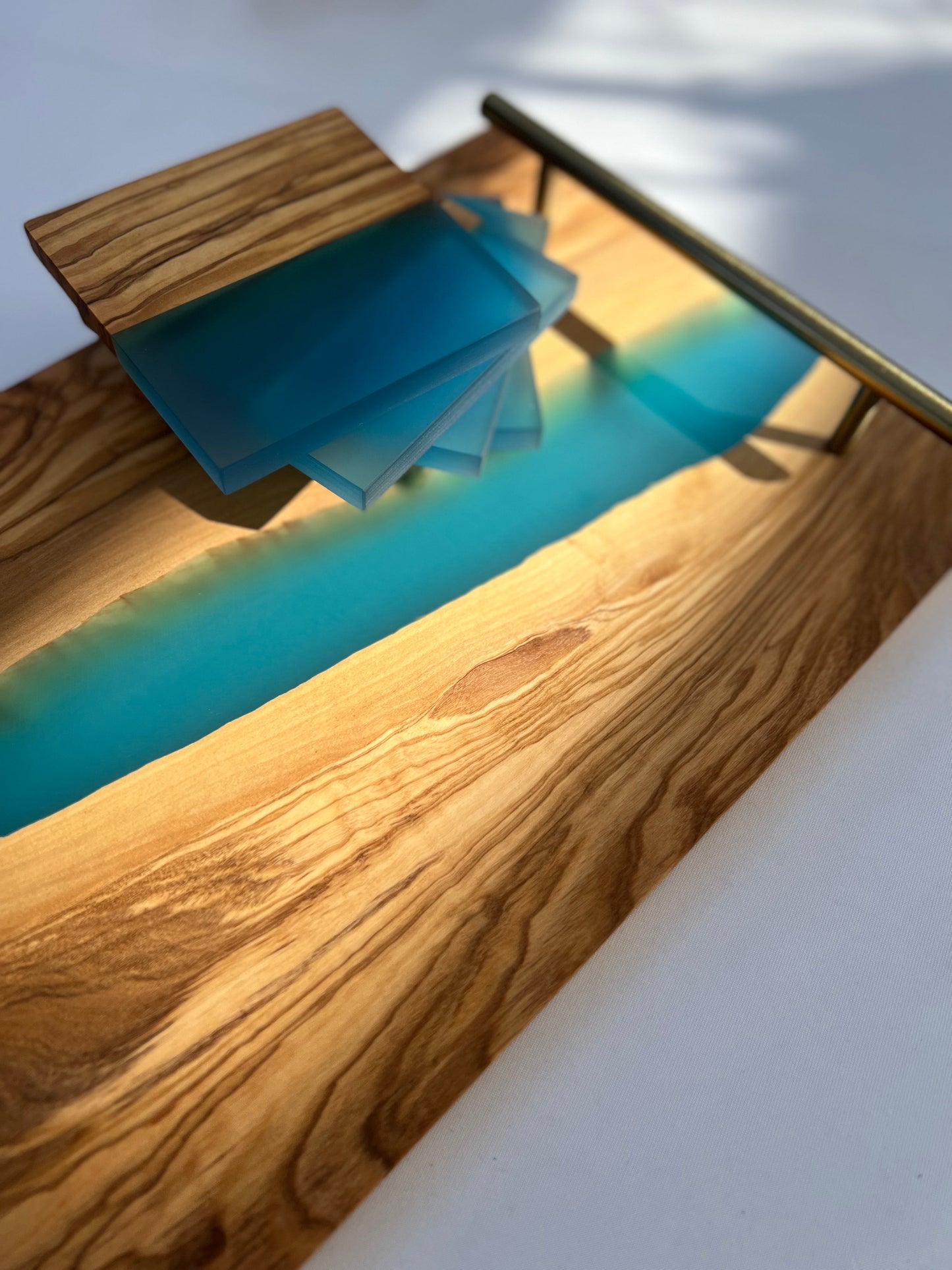 Personalized River Resin Charcuterie Tray – Olive Wood and Blue Epoxy