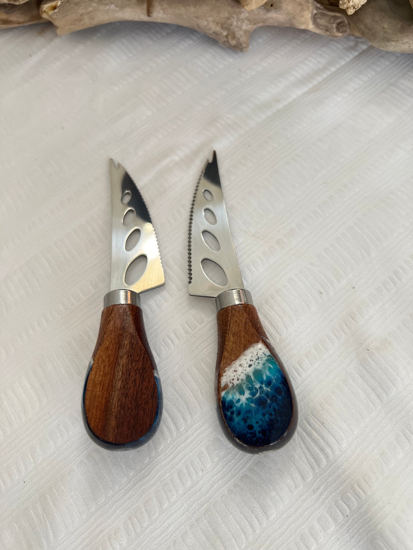 Pronged Walnut Cheese Knife with Ocean Resin Design