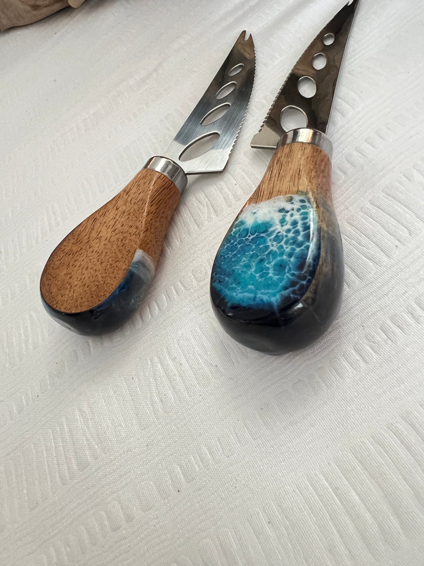 Pronged Acacia Cheese Knife with Ocean Resin Design