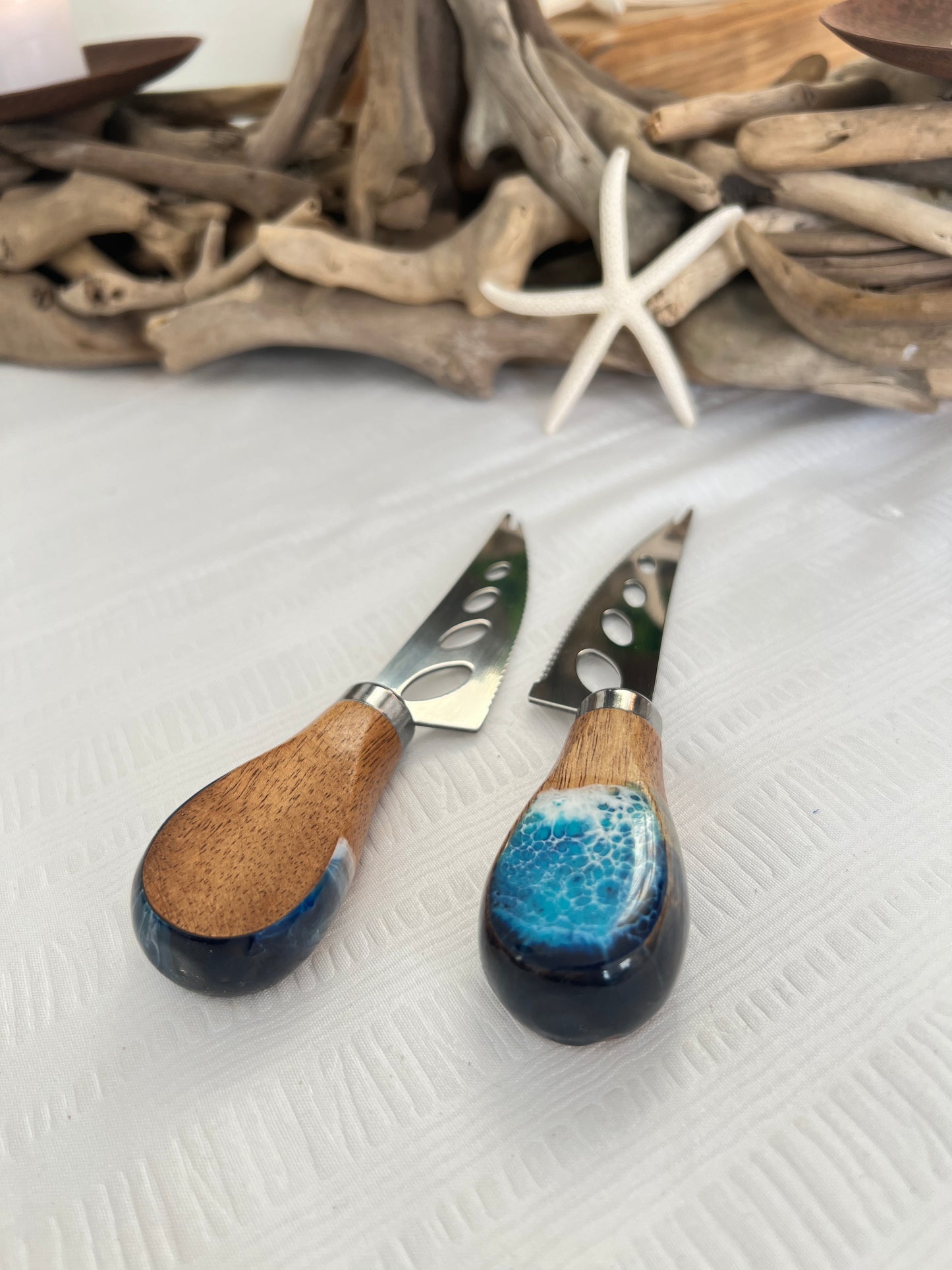 Pronged Acacia Cheese Knife with Ocean Resin Design