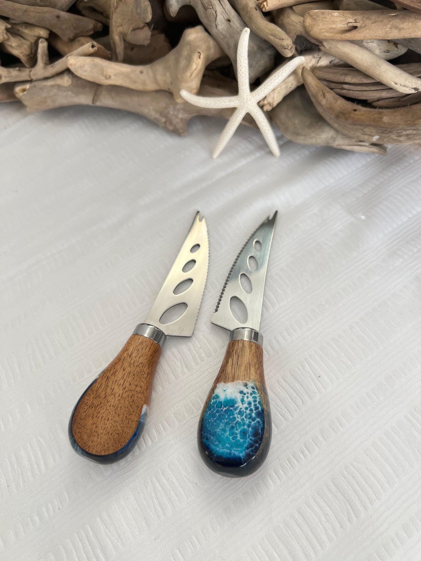 Pronged Acacia Cheese Knife with Ocean Resin Design