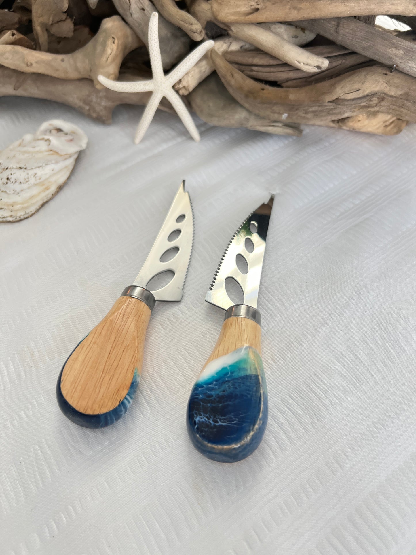 Pronged Bamboo Cheese Knife with Ocean Resin Design