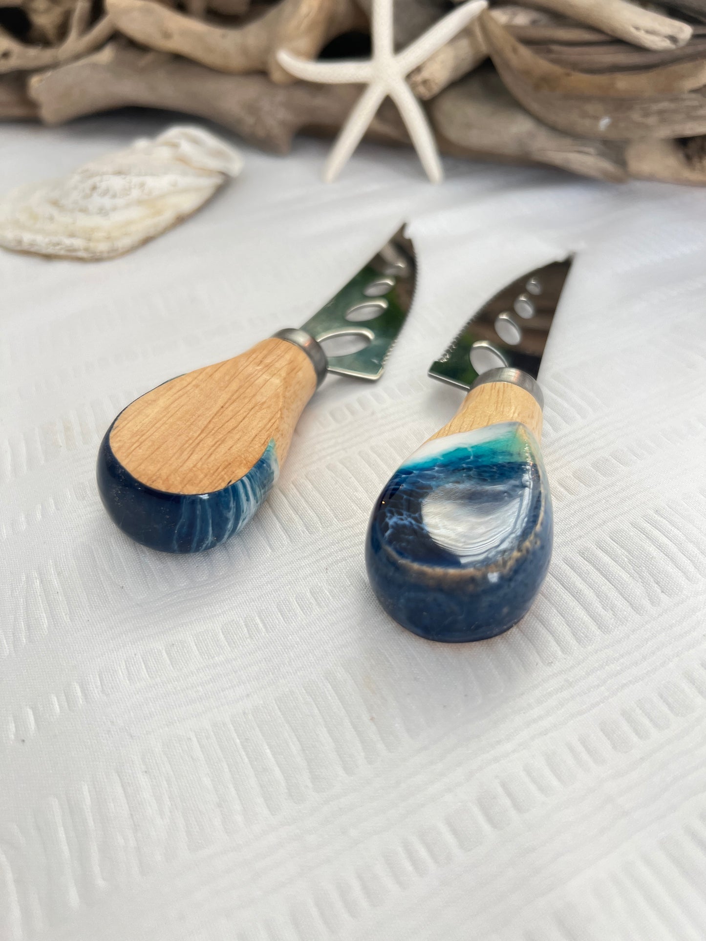 Pronged Bamboo Cheese Knife with Ocean Resin Design