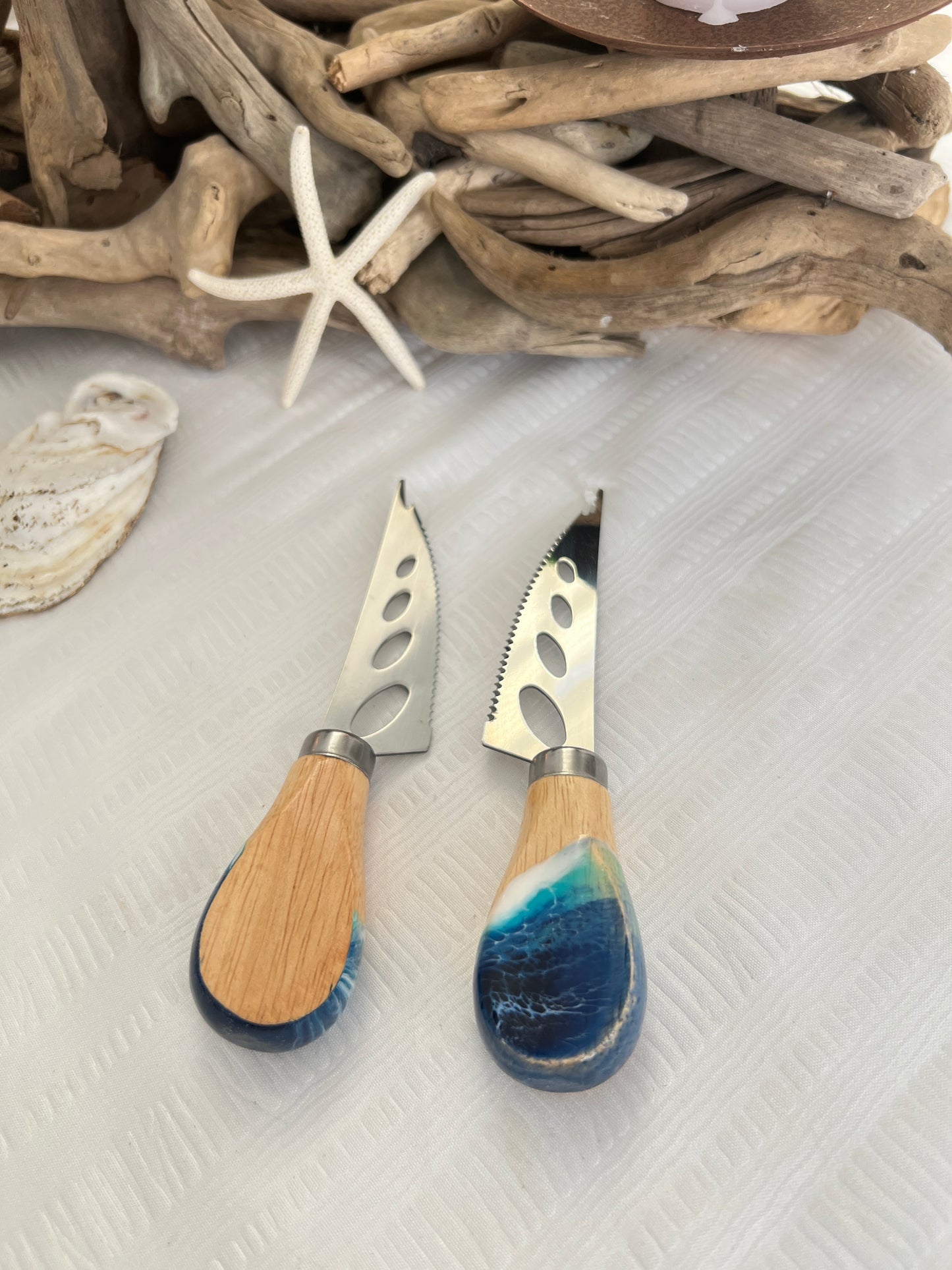 Pronged Bamboo Cheese Knife with Ocean Resin Design