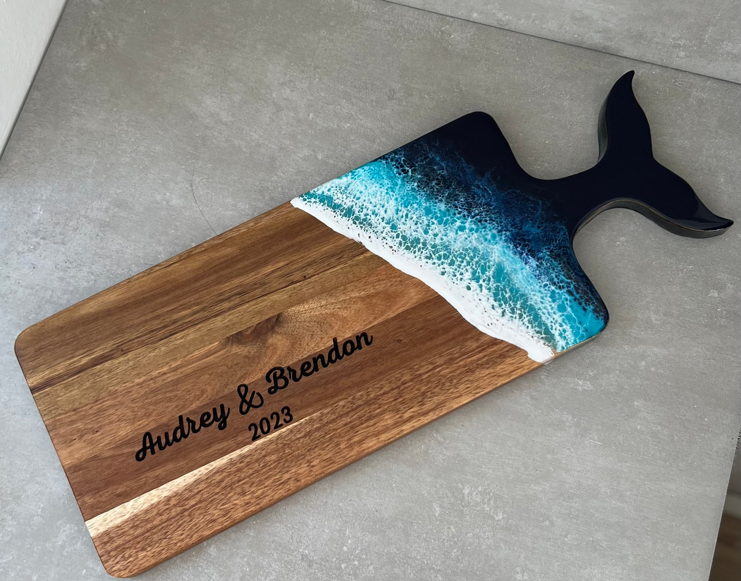Whale Tail Charcuterie Board with Knife , Complete Cheese Board Set with Ocean Wave Resin