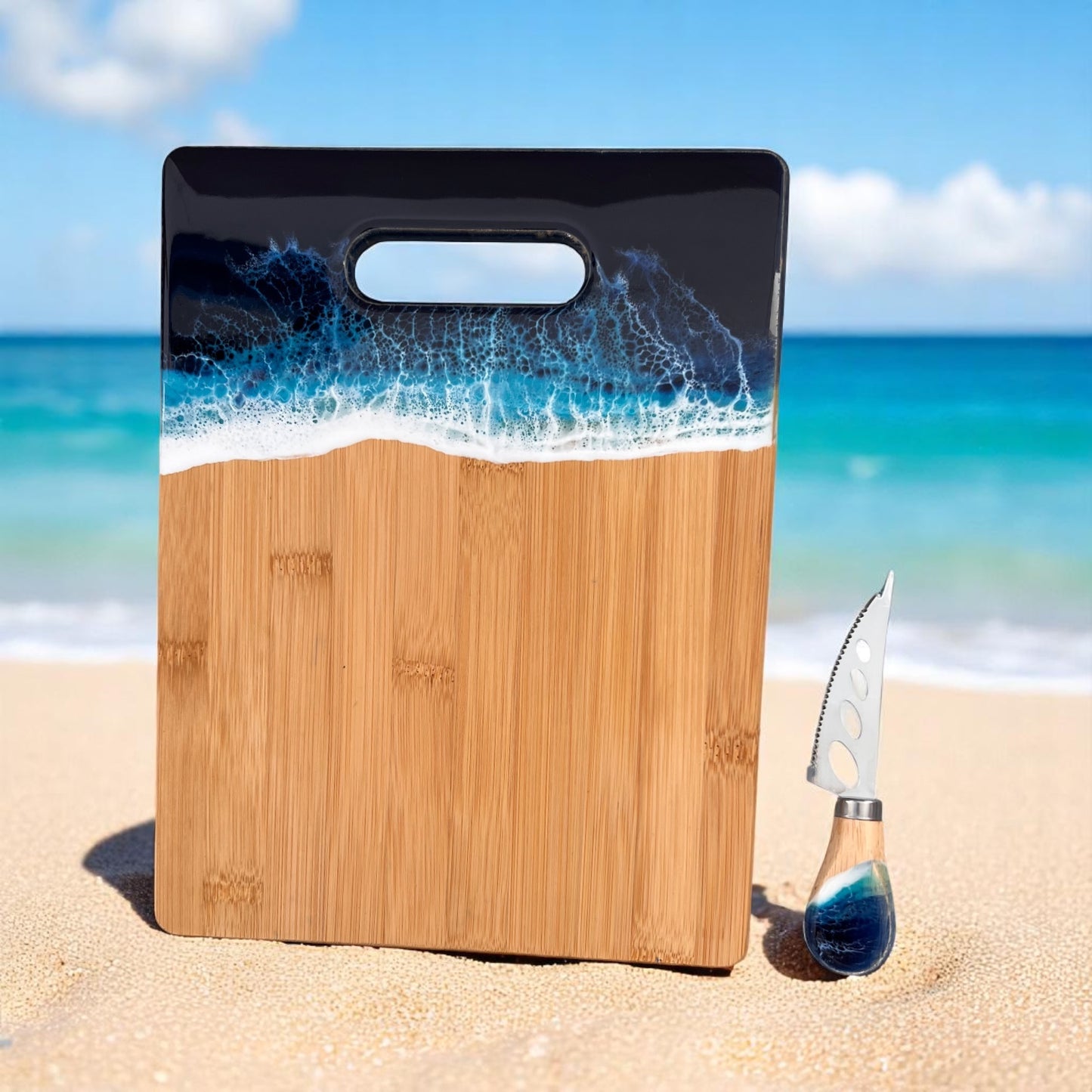 Personalized Bamboo Cutting Board with Matching Cheese Knife Gift Set