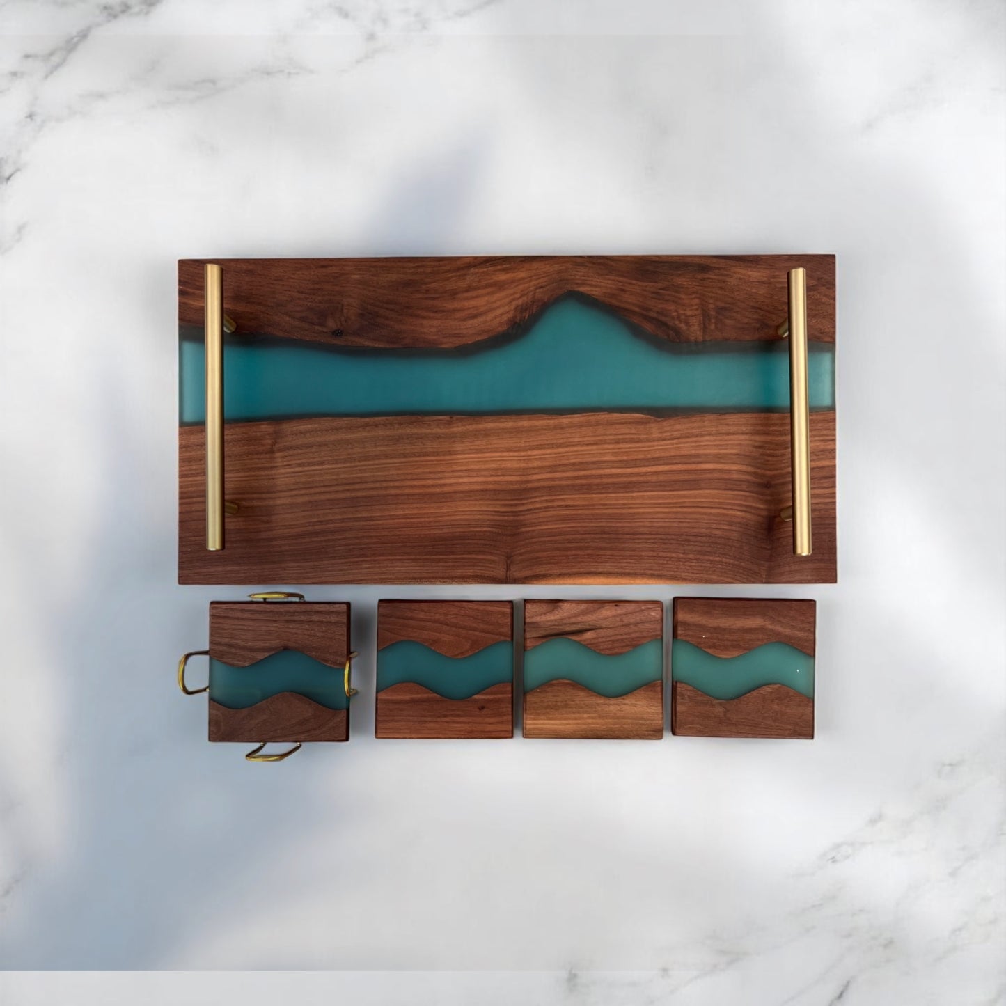 Personalized Resin River Tray and Coaster Set – Black Wood and Blue Epoxy