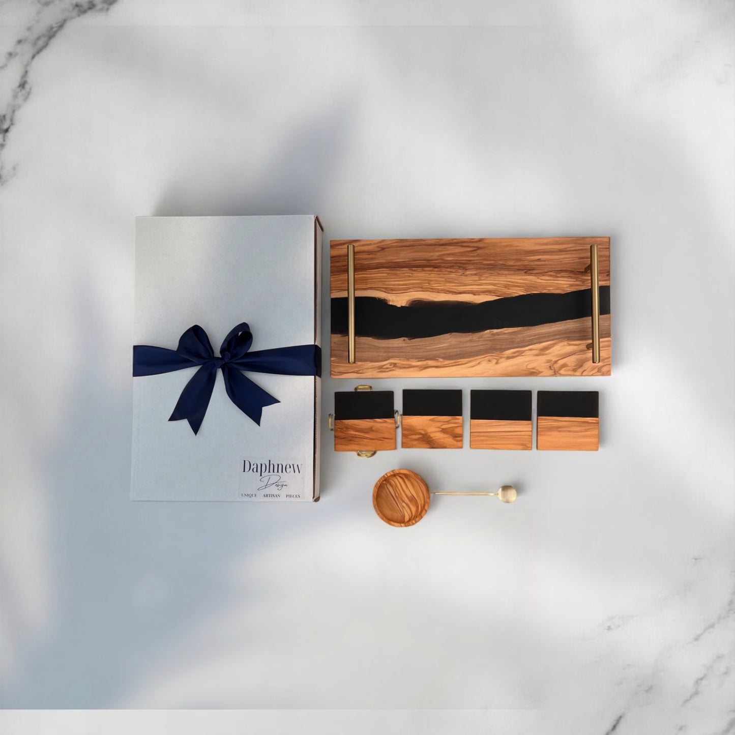 River Board Resin Tray from Olive Wood with Matching Black Resin Coaster Set