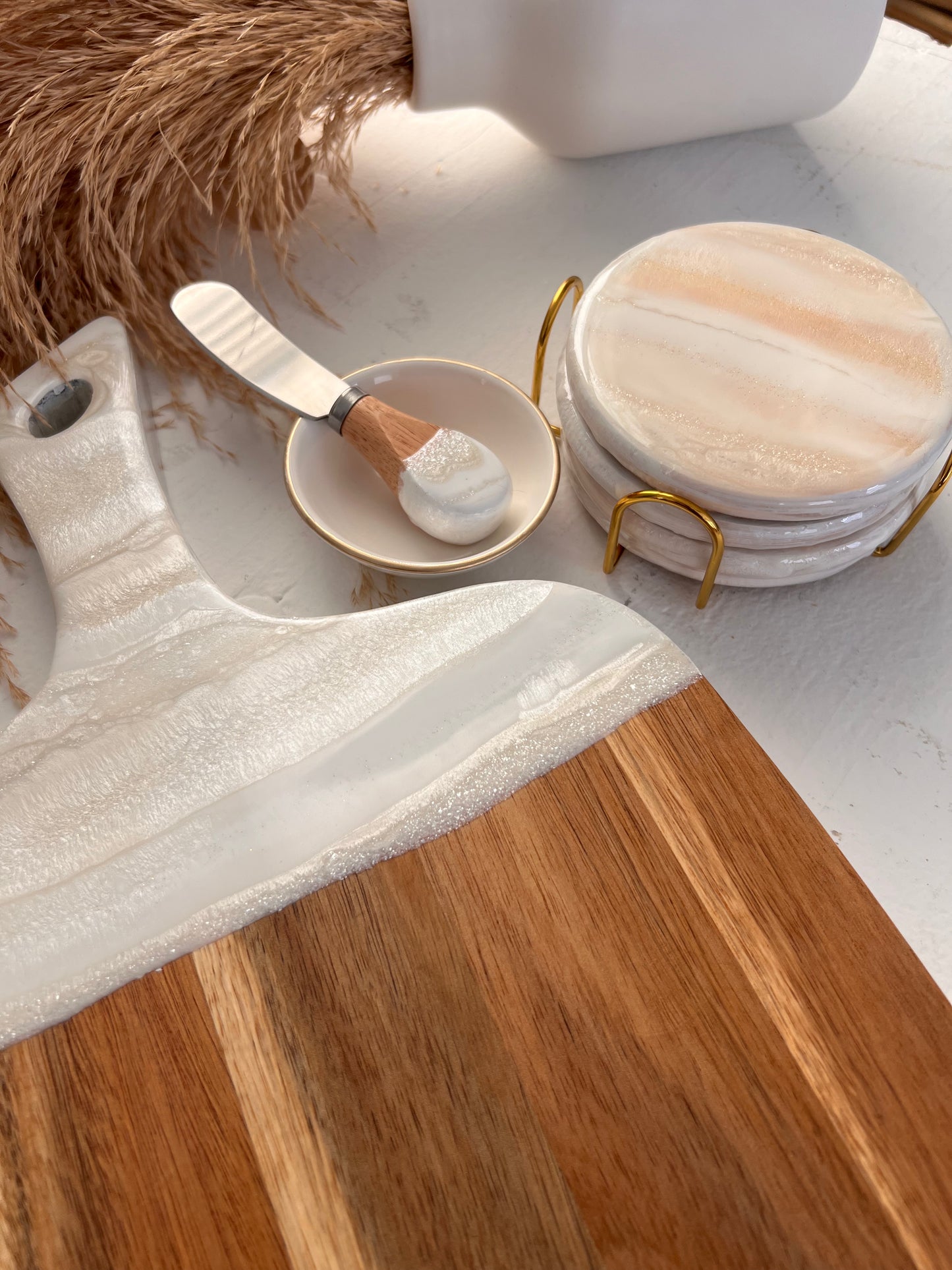 Personalized Charcuterie Board with White Shimmery Resin Gift Set
