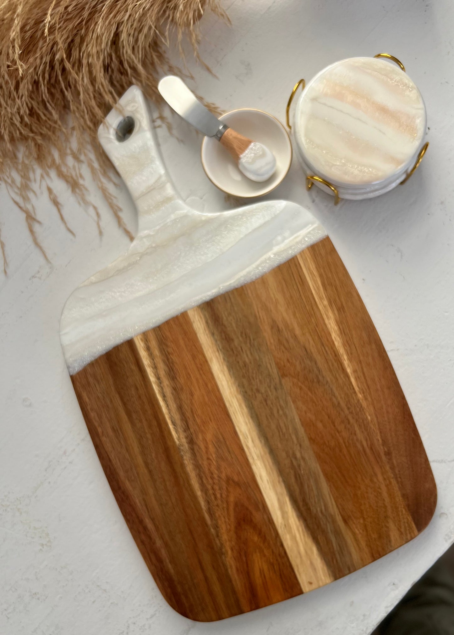 Personalized Charcuterie Board with White Shimmery Resin Gift Set