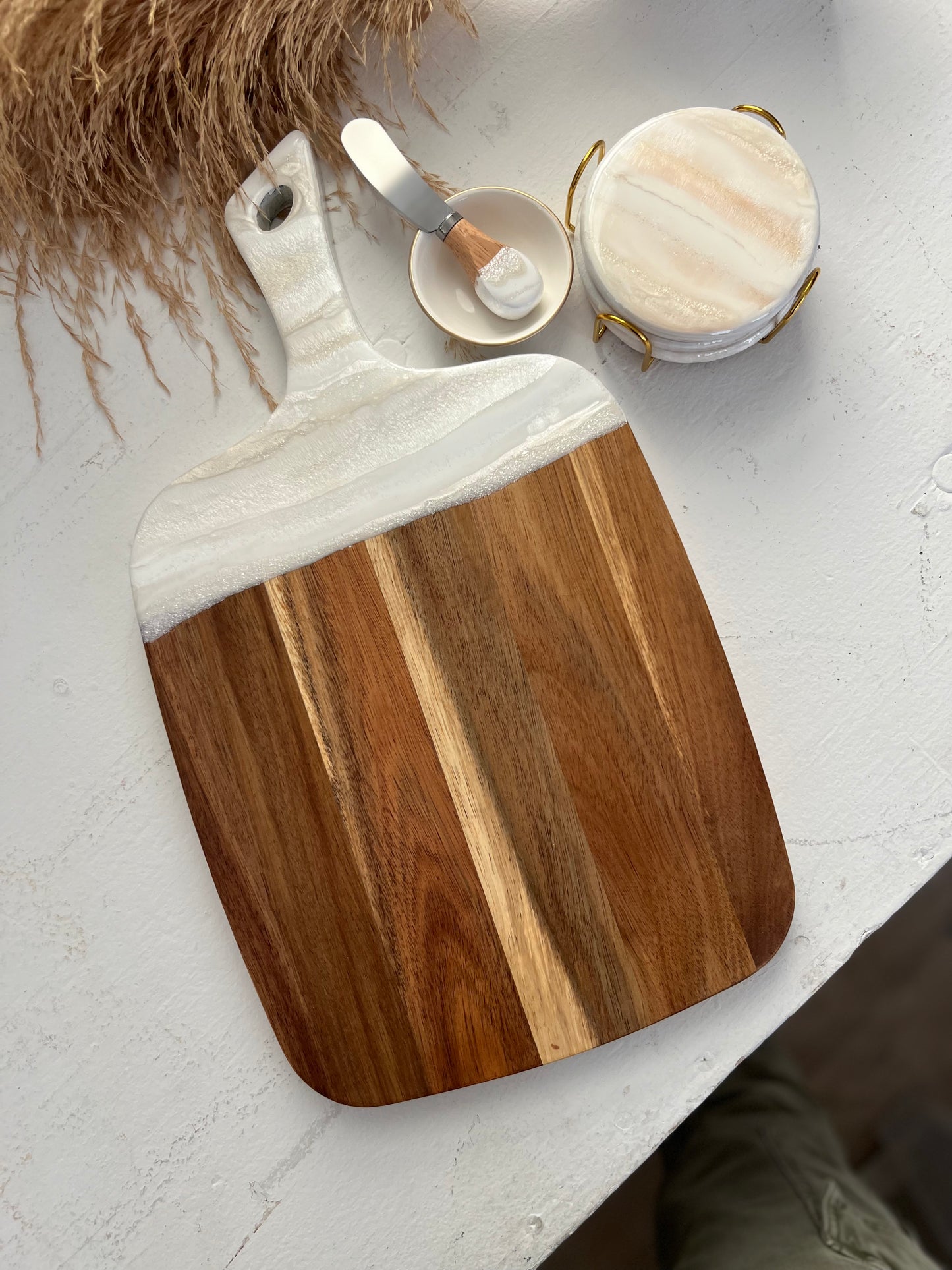 Personalized Charcuterie Board with White Shimmery Resin Gift Set