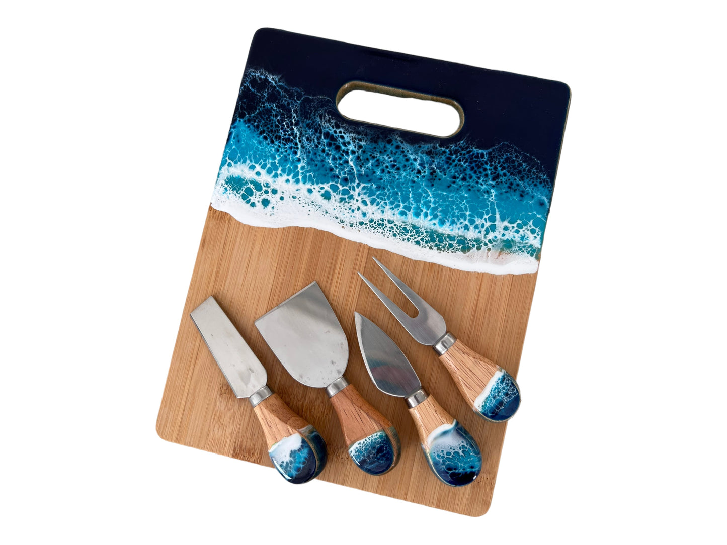 Bamboo Cheese and Charcuterie  Board with Resin Ocean Wave Art Gift Set  with Cheese Knives