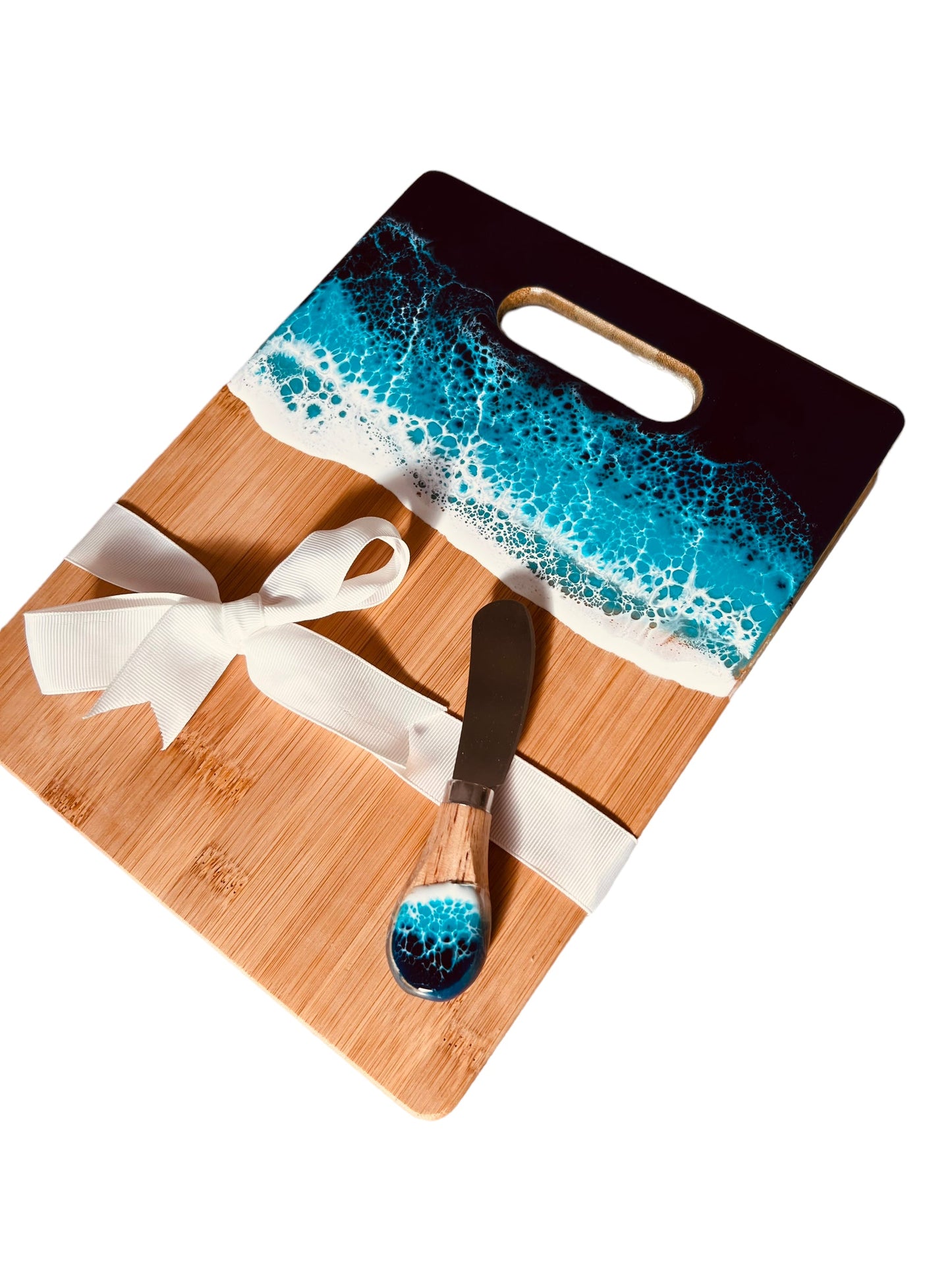 Bamboo Cheese and Charcuterie Board with Resin Ocean Wave Art Gift Set with Cheese Knives