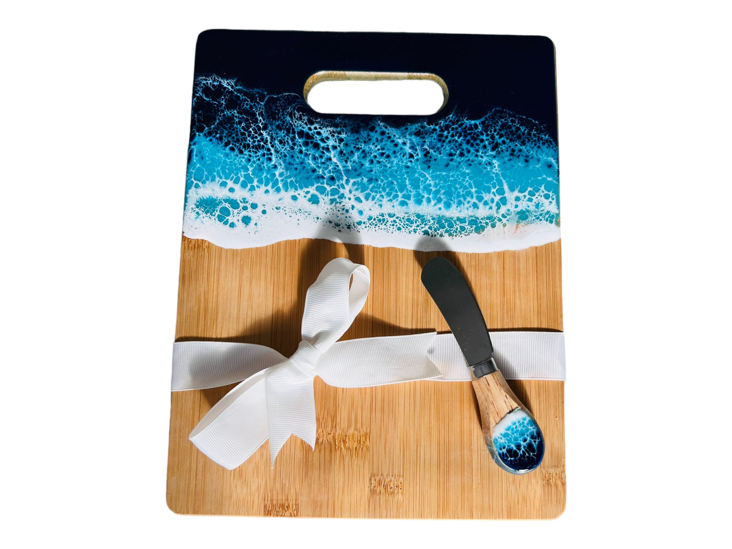 Bamboo Cheese and Charcuterie Board with Resin Ocean Wave Art Gift Set with Cheese Knives