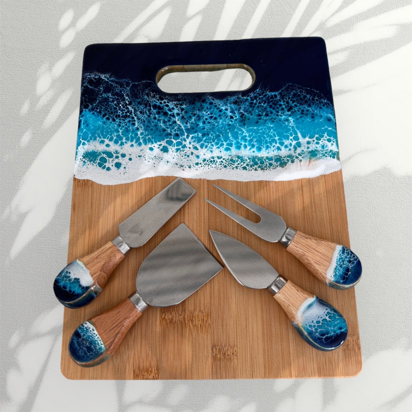 Bamboo Cheese and Charcuterie  Board with Resin Ocean Wave Art Gift Set  with Cheese Knives