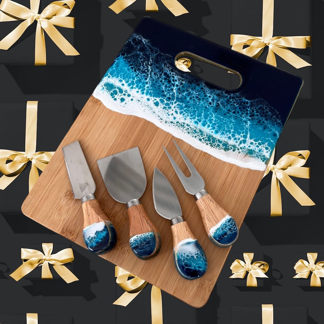 Bamboo Cheese and Charcuterie  Board with Resin Ocean Wave Art Gift Set  with Cheese Knives