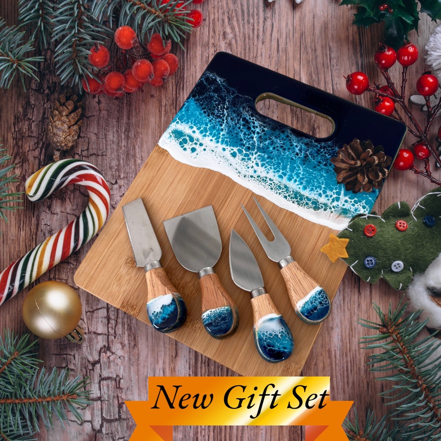 Bamboo Cheese and Charcuterie Board with Resin Ocean Wave Art Gift Set with Butter Knife