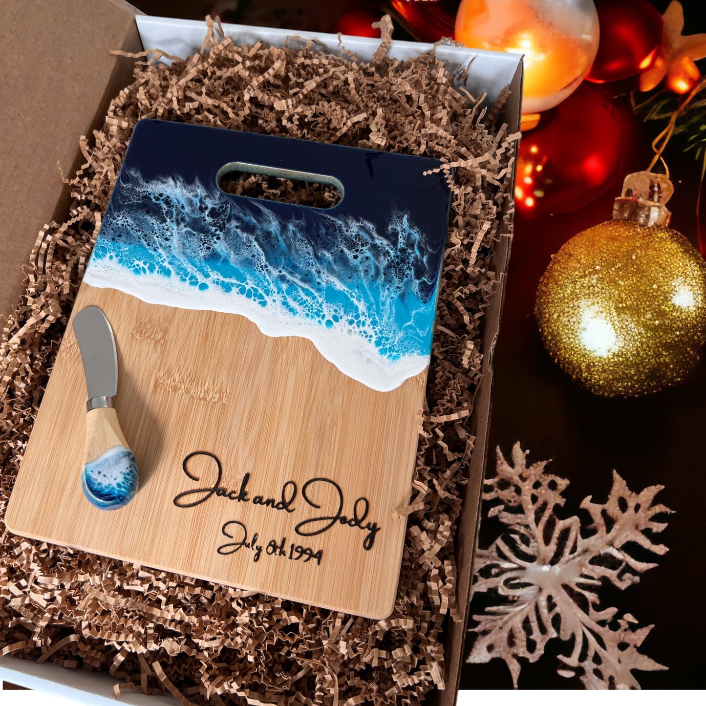 Ocean Resin Bamboo Cutting Board Gift Set with One Cheese Knife
