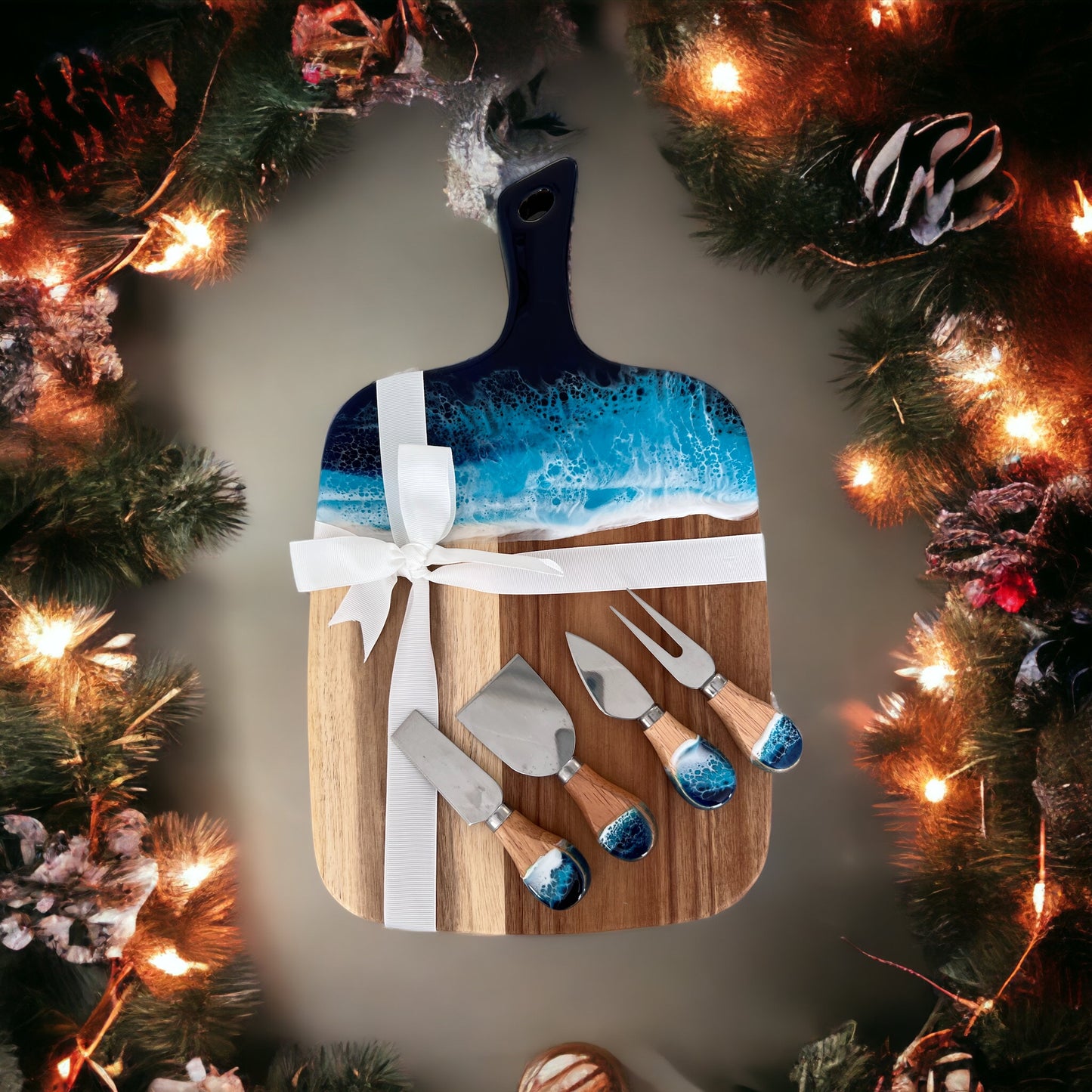 Ocean Resin Cutting Board with Cheese Knives Gift Set