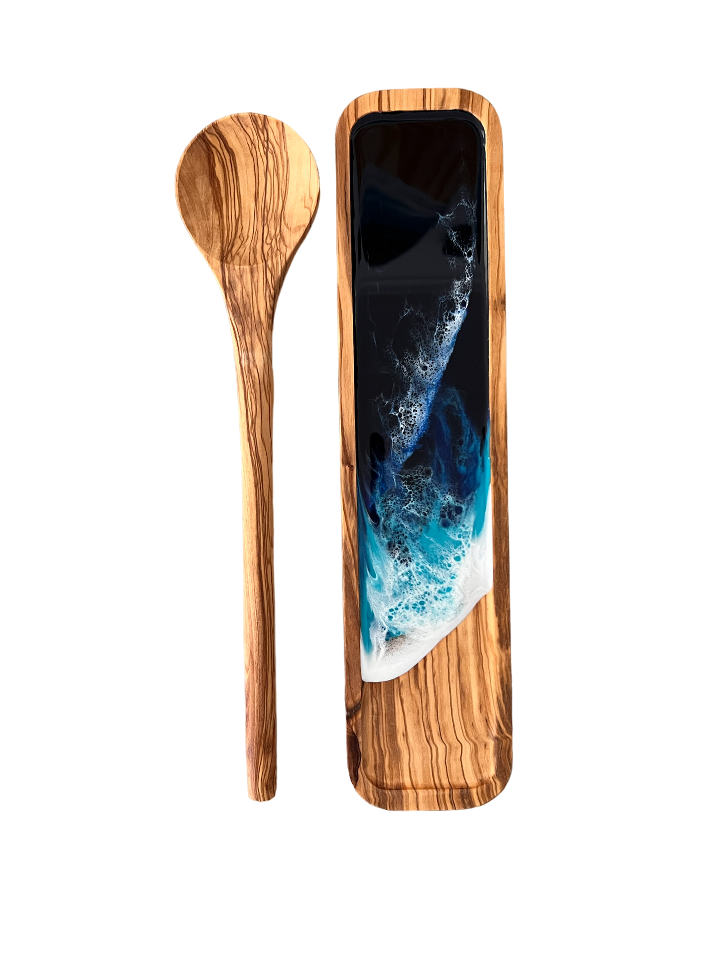 Handcrafted Olive Wood Spoon and Resin Spoon Rest Combo with Custom Engraving