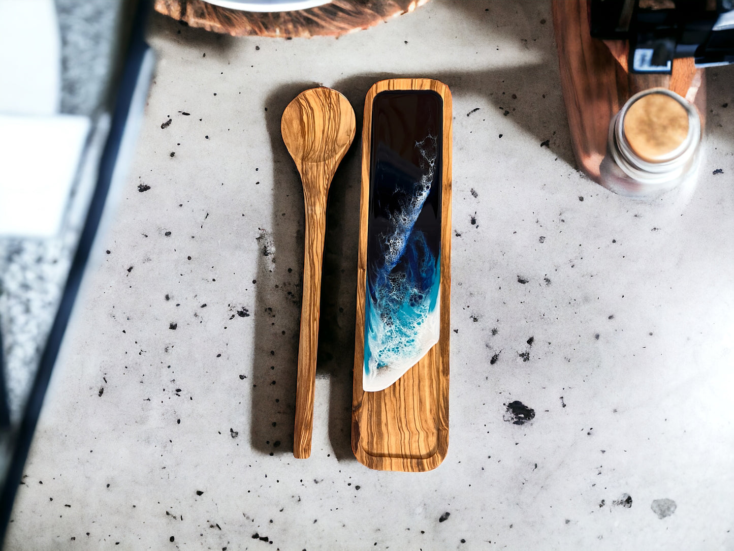 Handcrafted Olive Wood Spoon and Resin Spoon Rest Combo with Custom Engraving