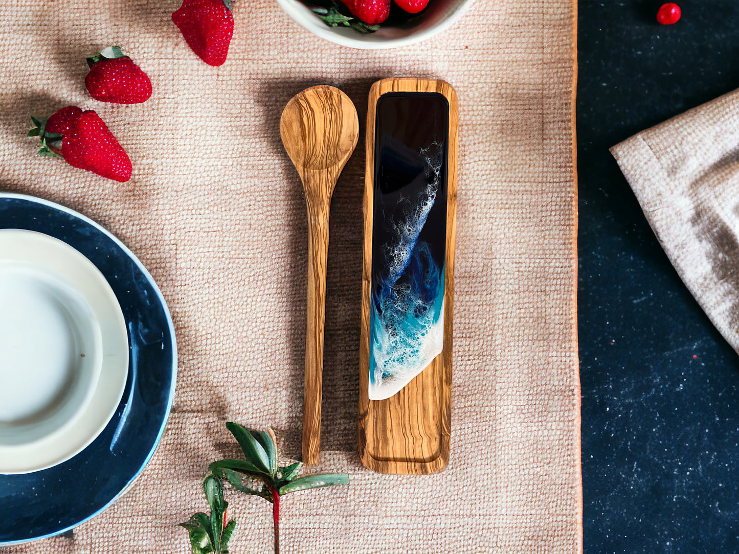 Handcrafted Olive Wood Spoon and Resin Spoon Rest Combo with Custom Engraving