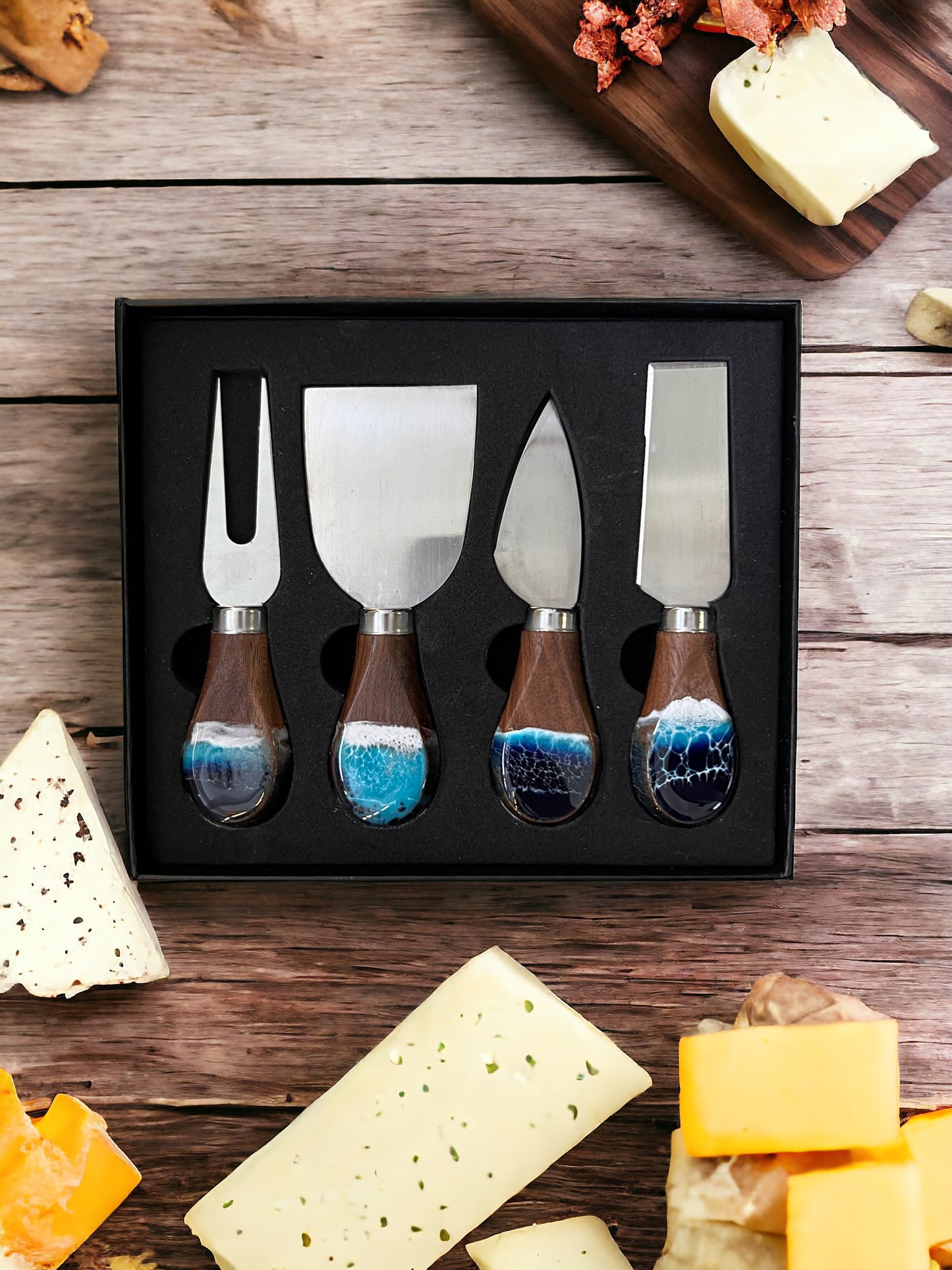 Black Walnut Ocean Resin Tray and Walnut Cheese Knives Gift Set Personalized Charcuterie Tray