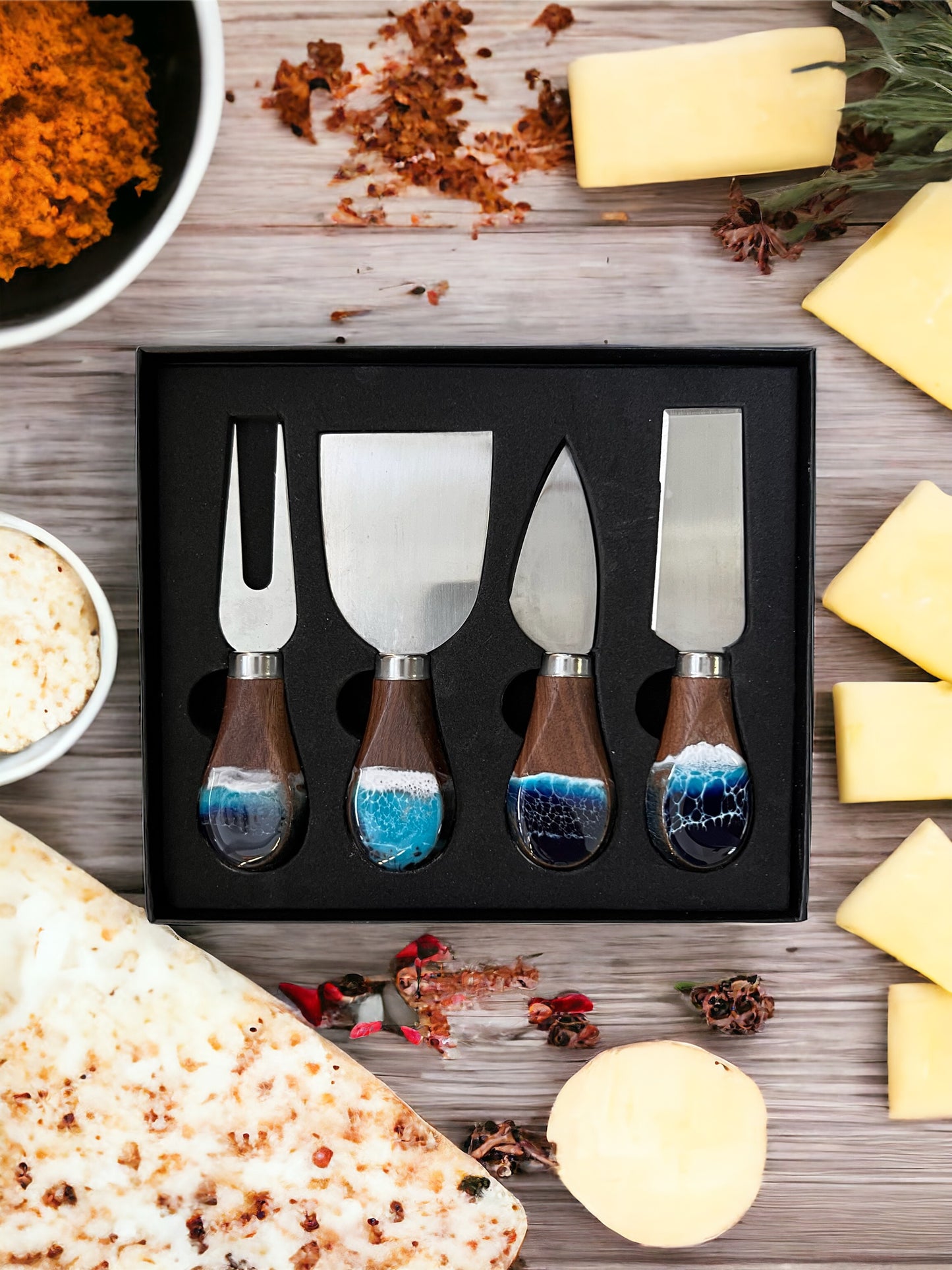 Ocean Resin Tray and Matching Walnut Cheese Knives Gift Set Personalized