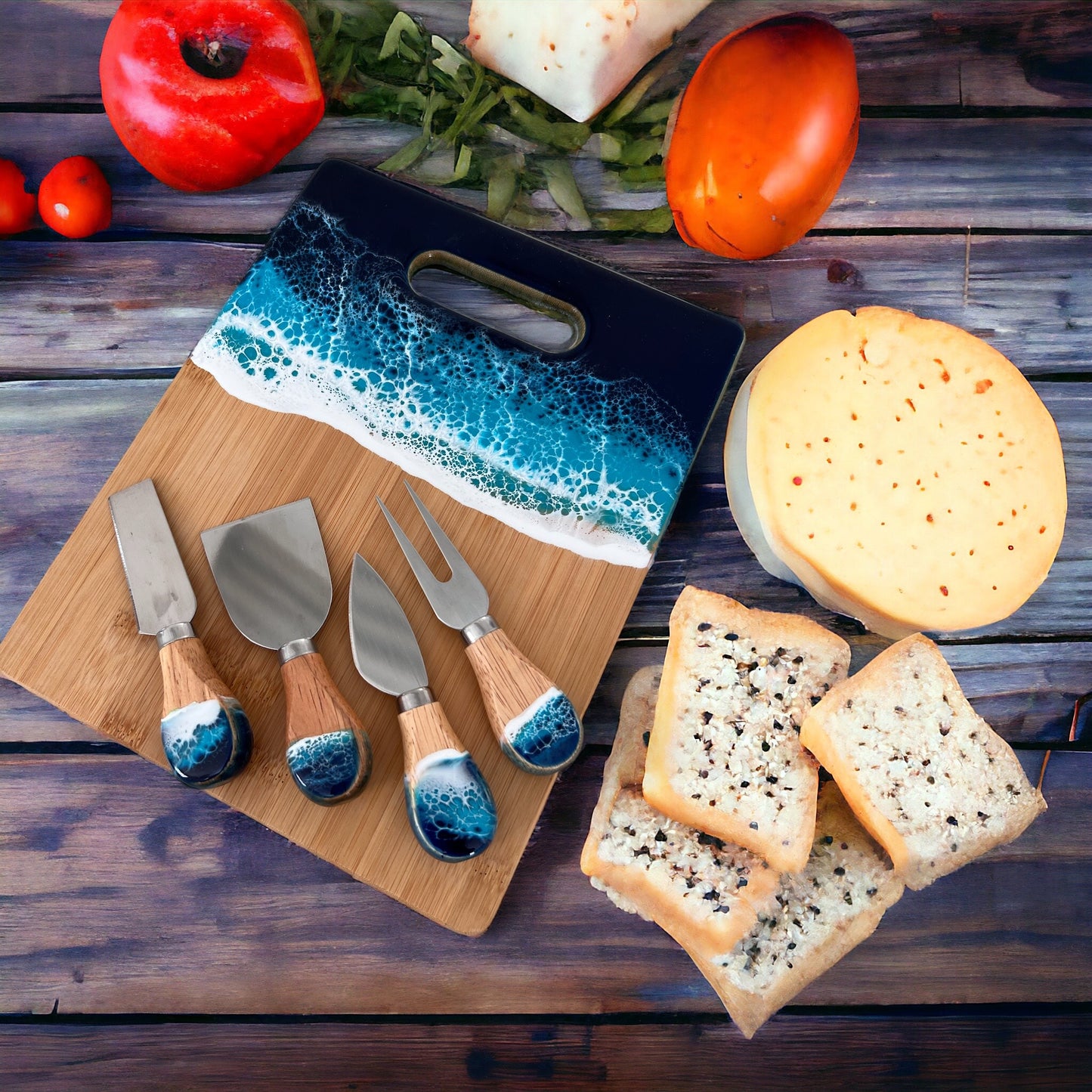 Resin Cheese Board with Ocean Wave Art Gift Box with Cheese Knife Set -Bamboo