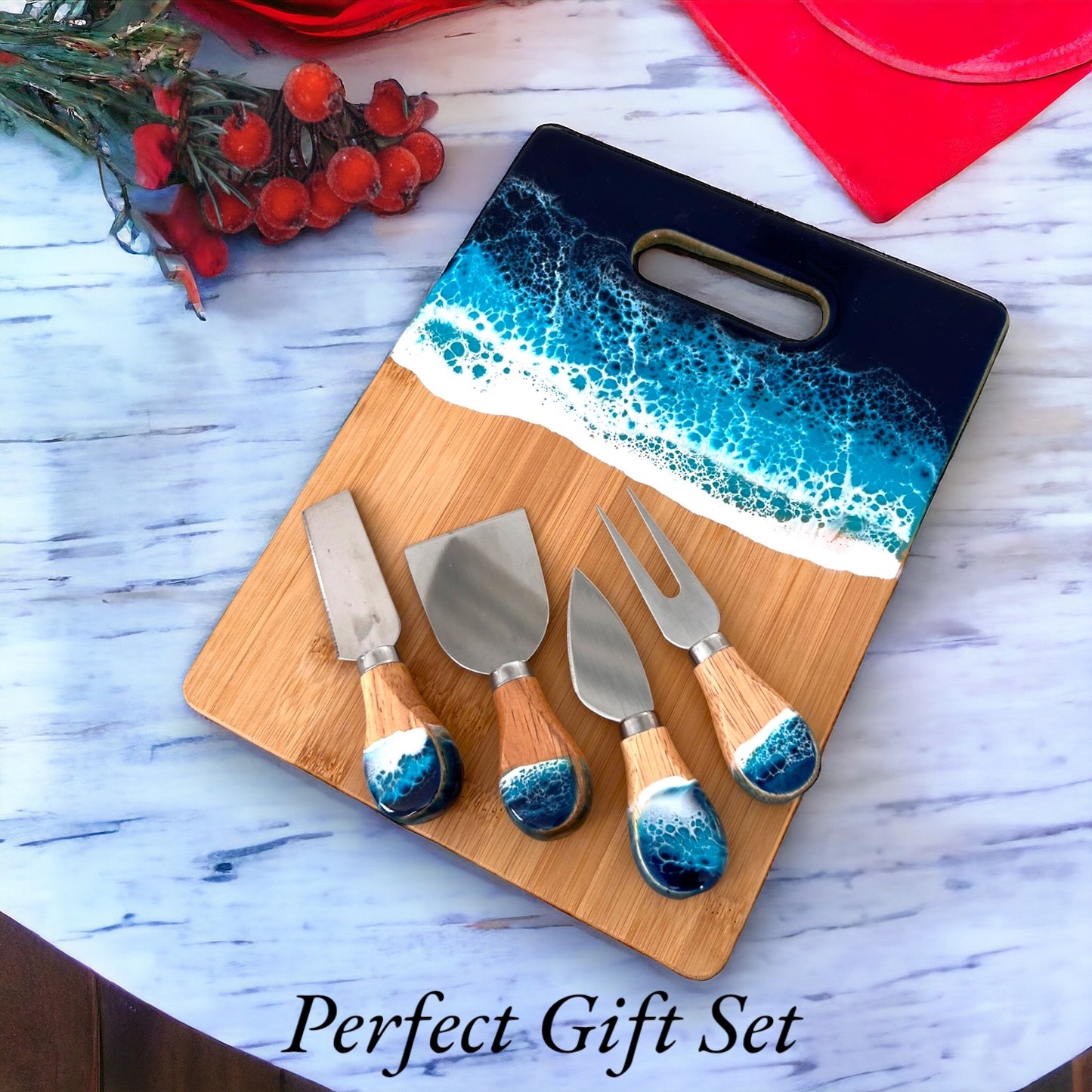 Resin Cheese Board with Ocean Wave Art Gift Box with Cheese Knife Set -Bamboo